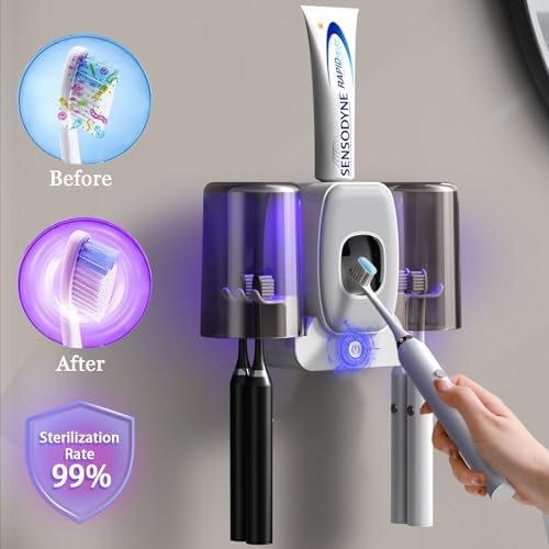 Wekity 4-Slot Electric Toothbrush Holder with Toothpaste Dispenser Grey