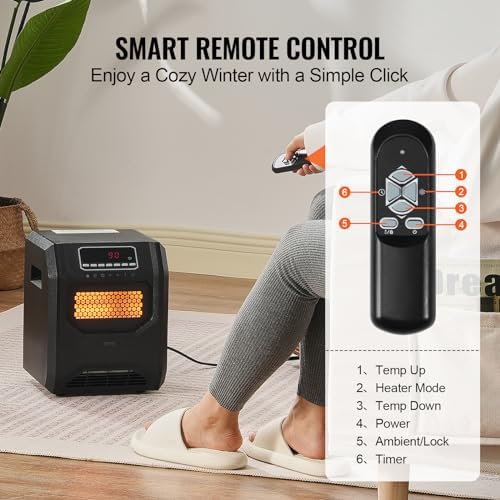 VEVOR Infrared Heater 1500W Remote Control with 3 Speeds and Timer