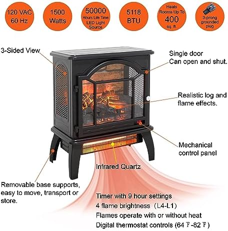 Electric Fireplace Infrared Heater With Remote 18 Black