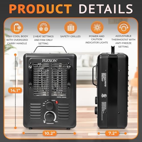 Plexon 1500W Electric Space Heater with Thermostat and Safety Features