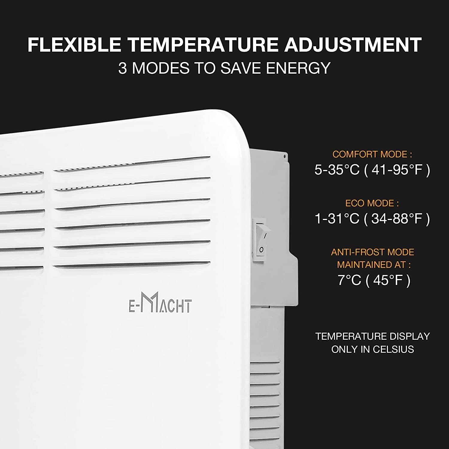 E-Macht Electric Space Heater - 1500W Convection Panel with Adjustable Thermostat