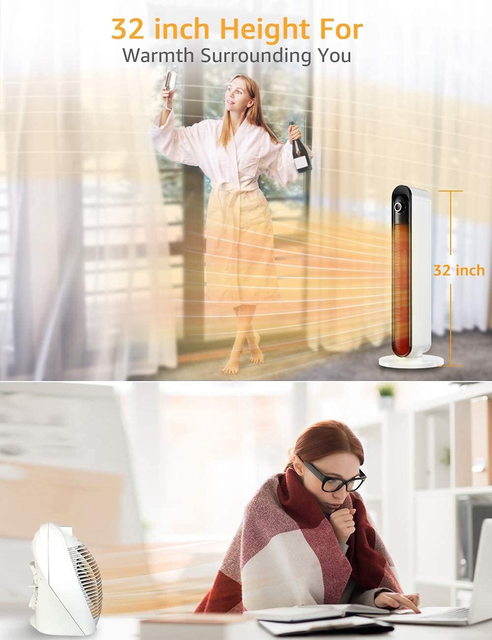 Breezewell 32 Inch Ceramic Space Heater with Oscillation and Adjustable Thermostat