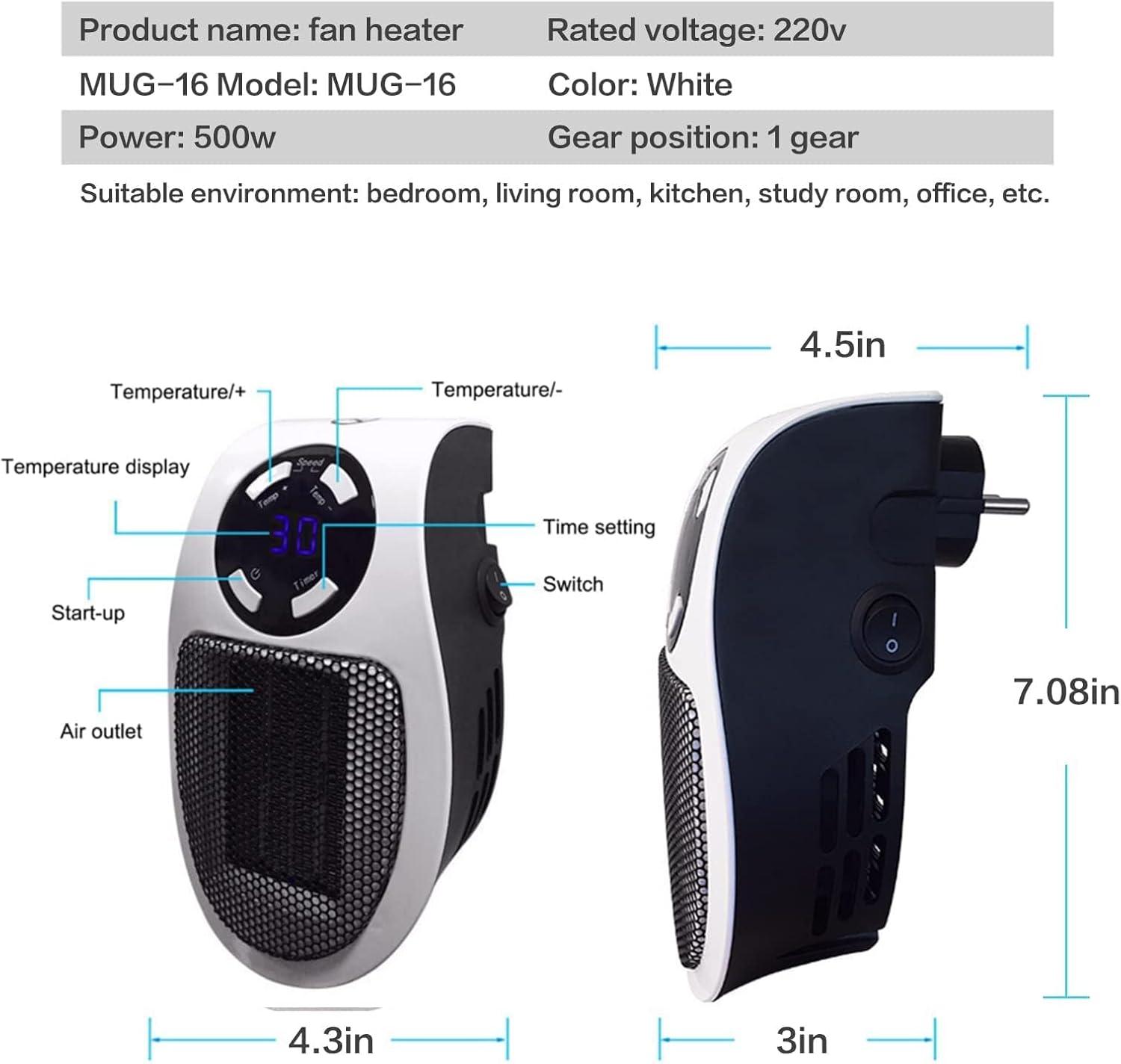 TONSAN 500W Electric Fan Heater with LED Display and Adjustable Thermostat 1