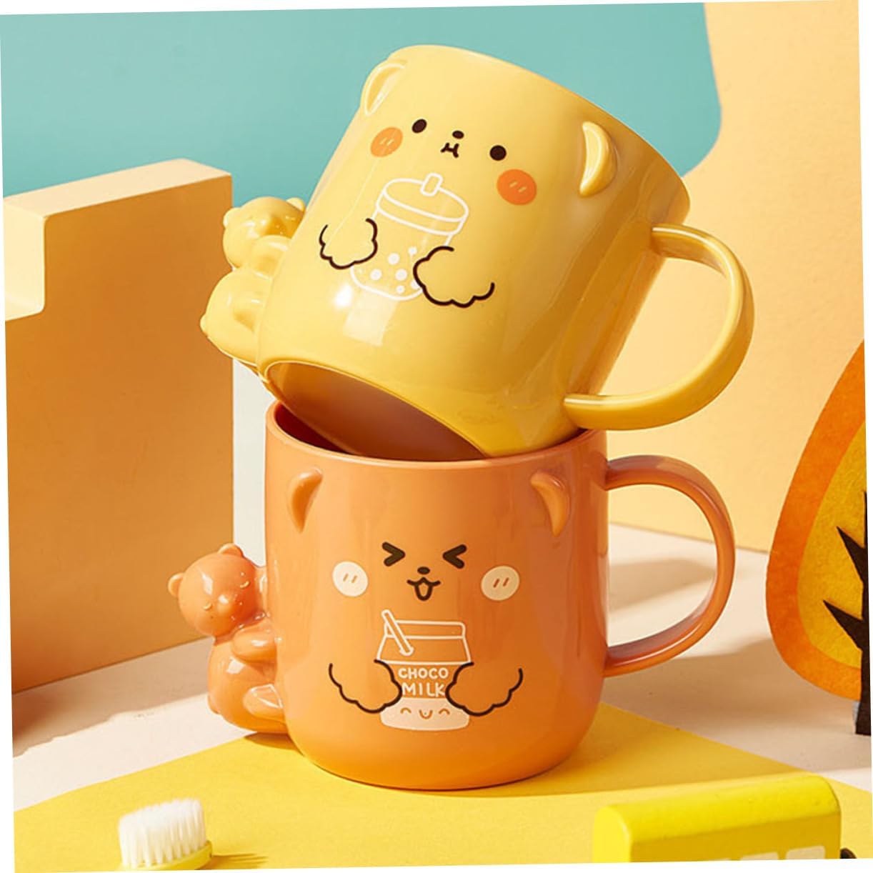 ABOOFAN 2 Pcs Cartoon Toothbrush Cup with Handle for Boys Girls