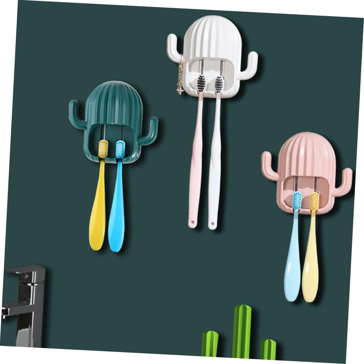 FONDOTIN 4Pcs Cactus Wall Mounted Toothbrush Holder