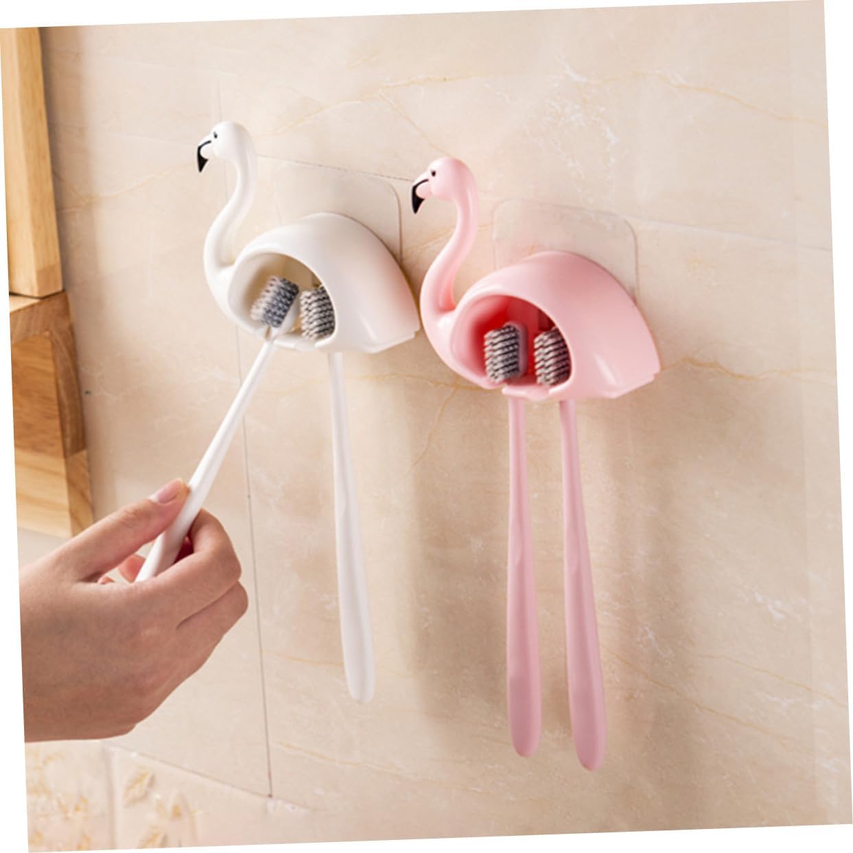 Amosfun 2Pcs Wall Mounted Adhesive Toothbrush Holder Space Saving Organizer