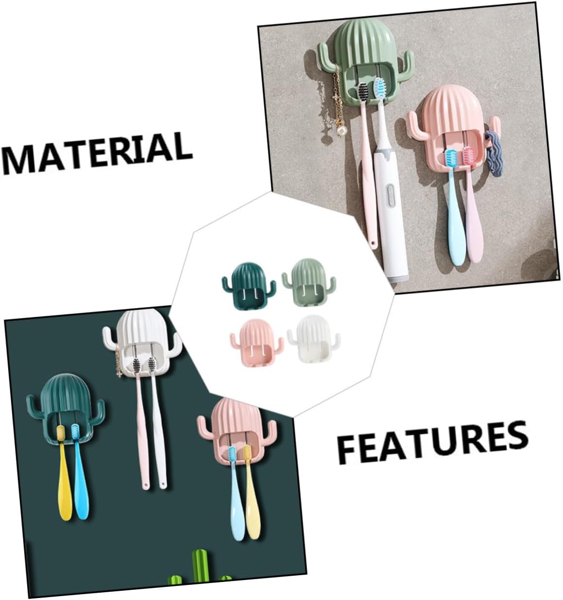4Pcs Wall Hanging Toothbrush Rack Cute Cactus Design No Drill Bathroom Organizer 1