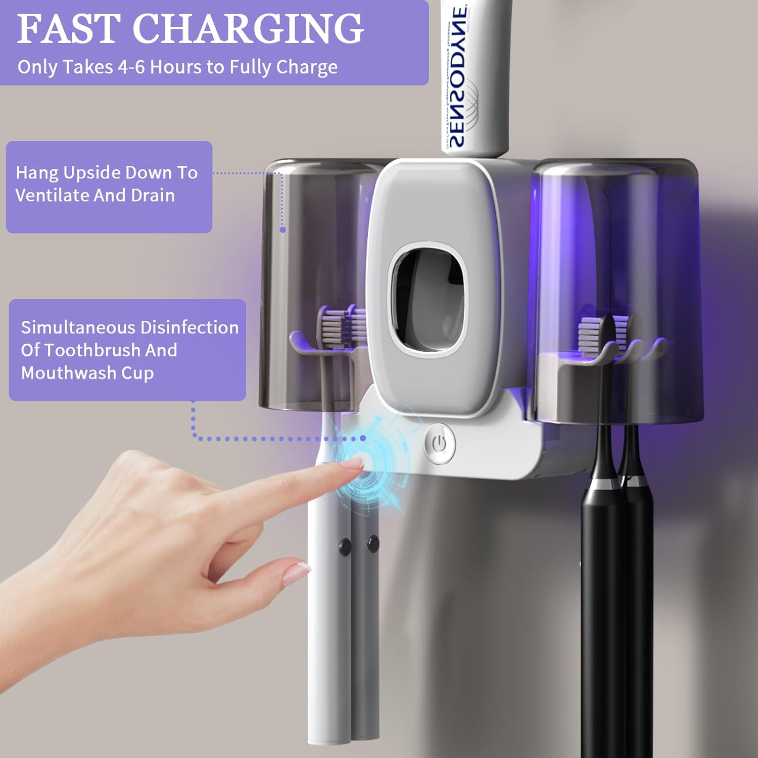 Wekity 4-Slot Electric Toothbrush Holder with Toothpaste Dispenser Grey