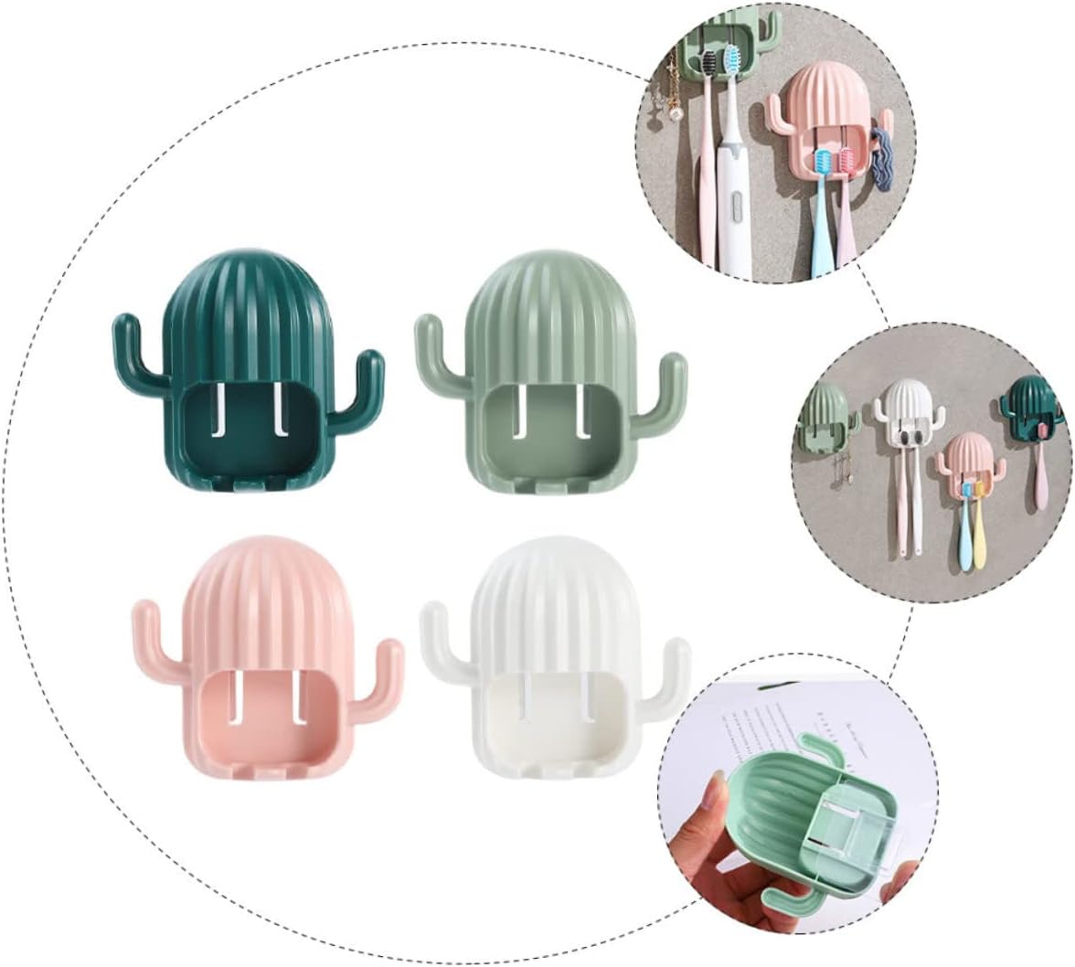 4Pcs Wall Hanging Toothbrush Rack Cute Cactus Design No Drill Bathroom Organizer 1