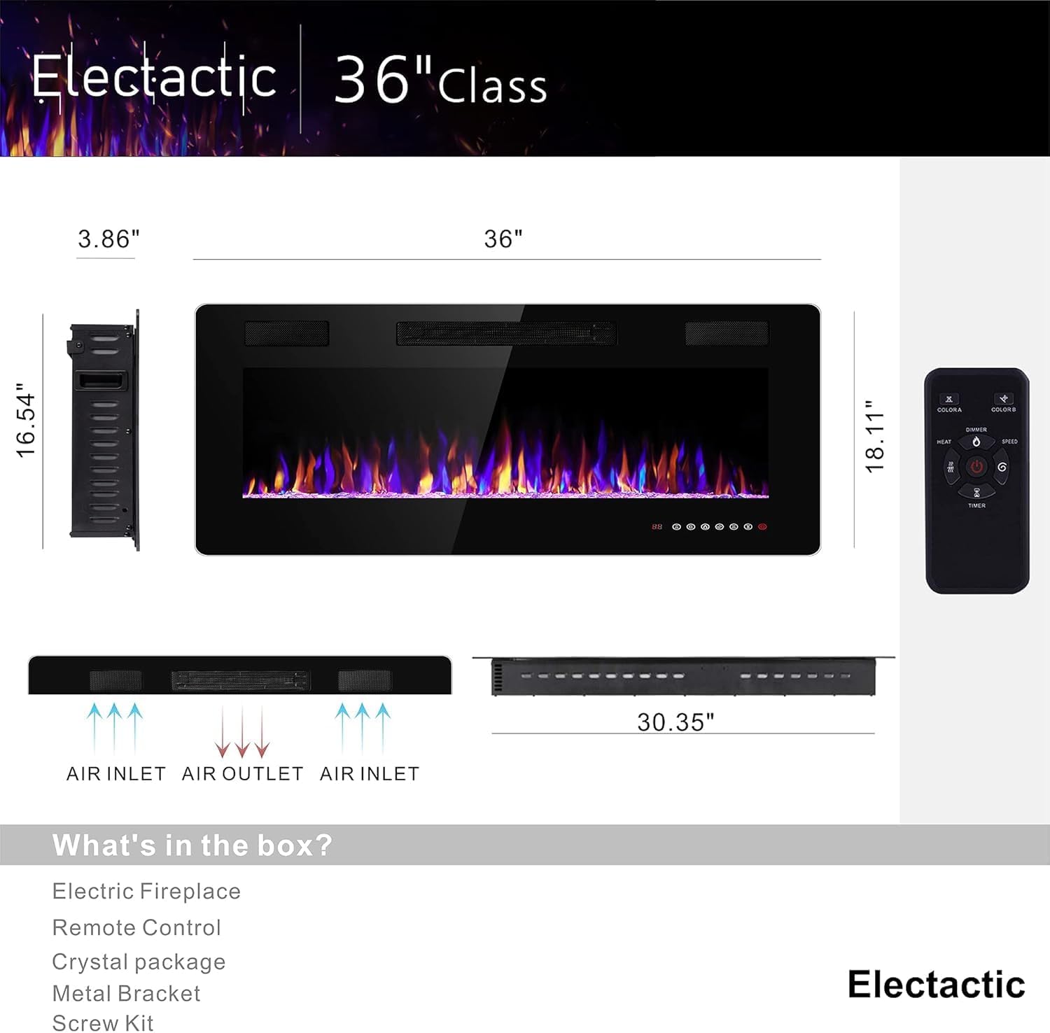 36 Inch Electric Fireplace with Timer and Remote Control