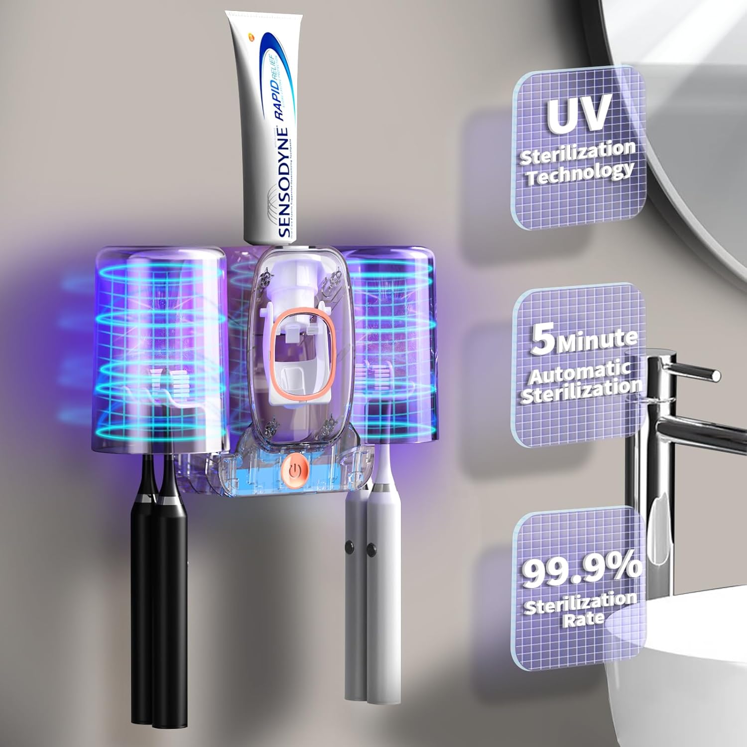 Wekity 4-Slot Electric Toothbrush Holder with Toothpaste Dispenser Grey