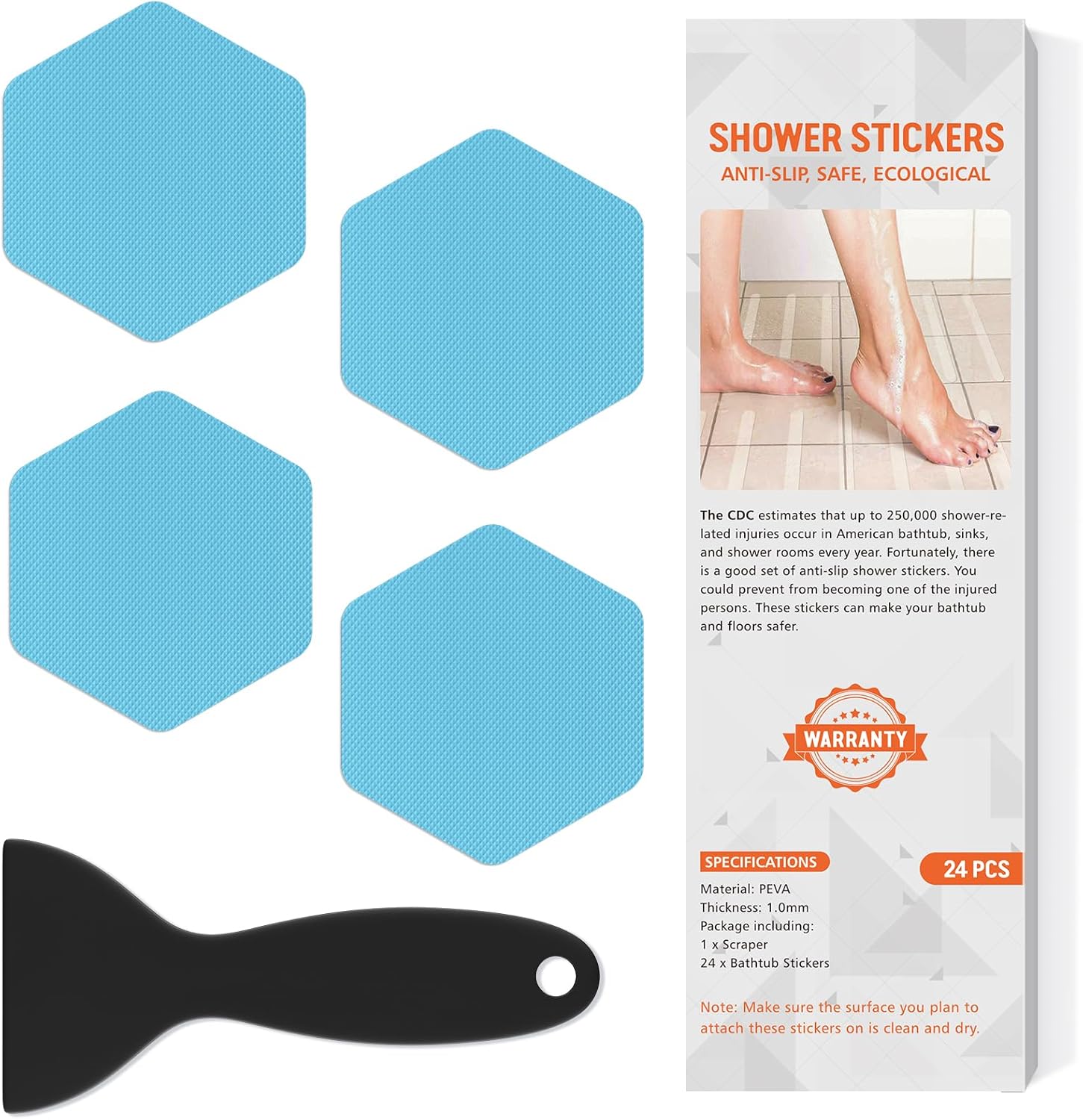 Non Slip Bathtub Stickers with Scraper 24PCS Blue