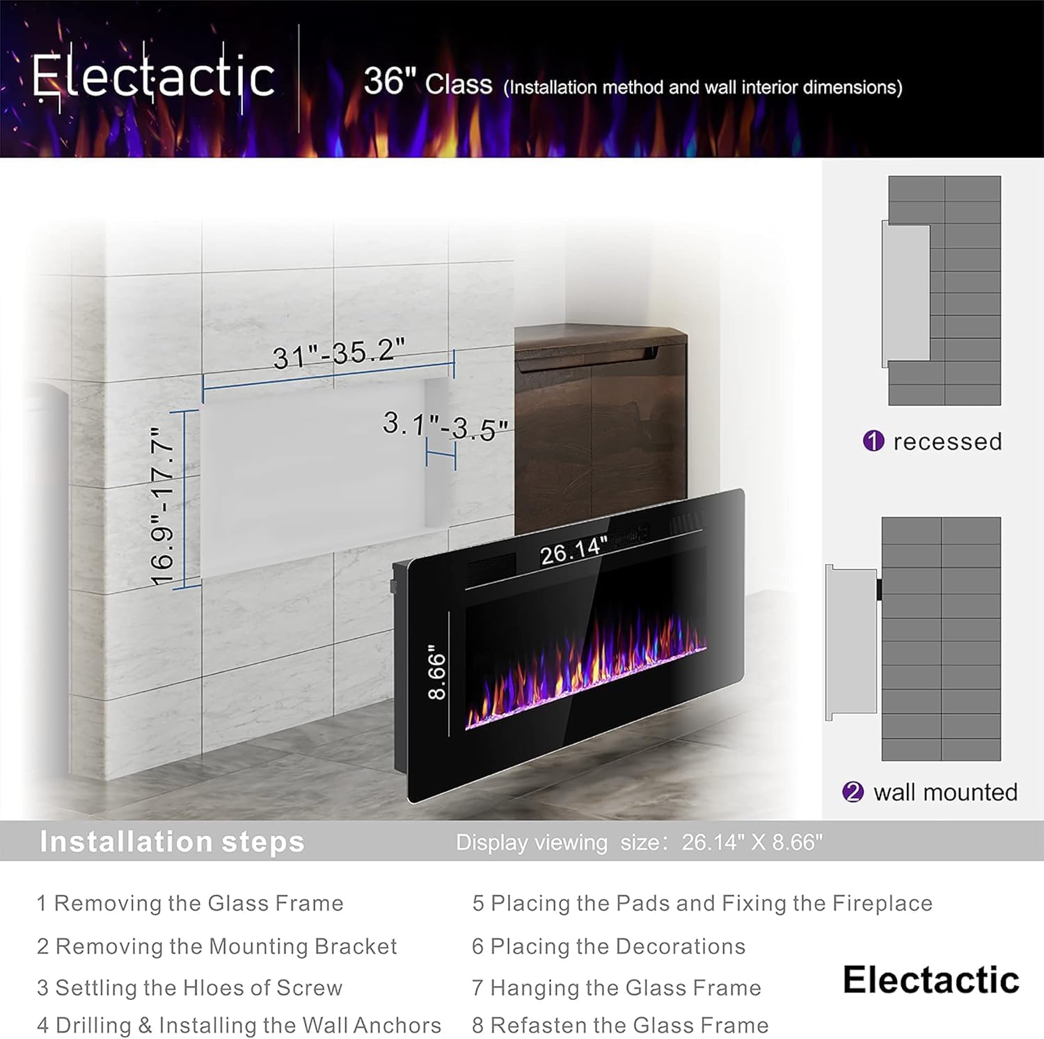 36 Inch Electric Fireplace with Timer and Remote Control