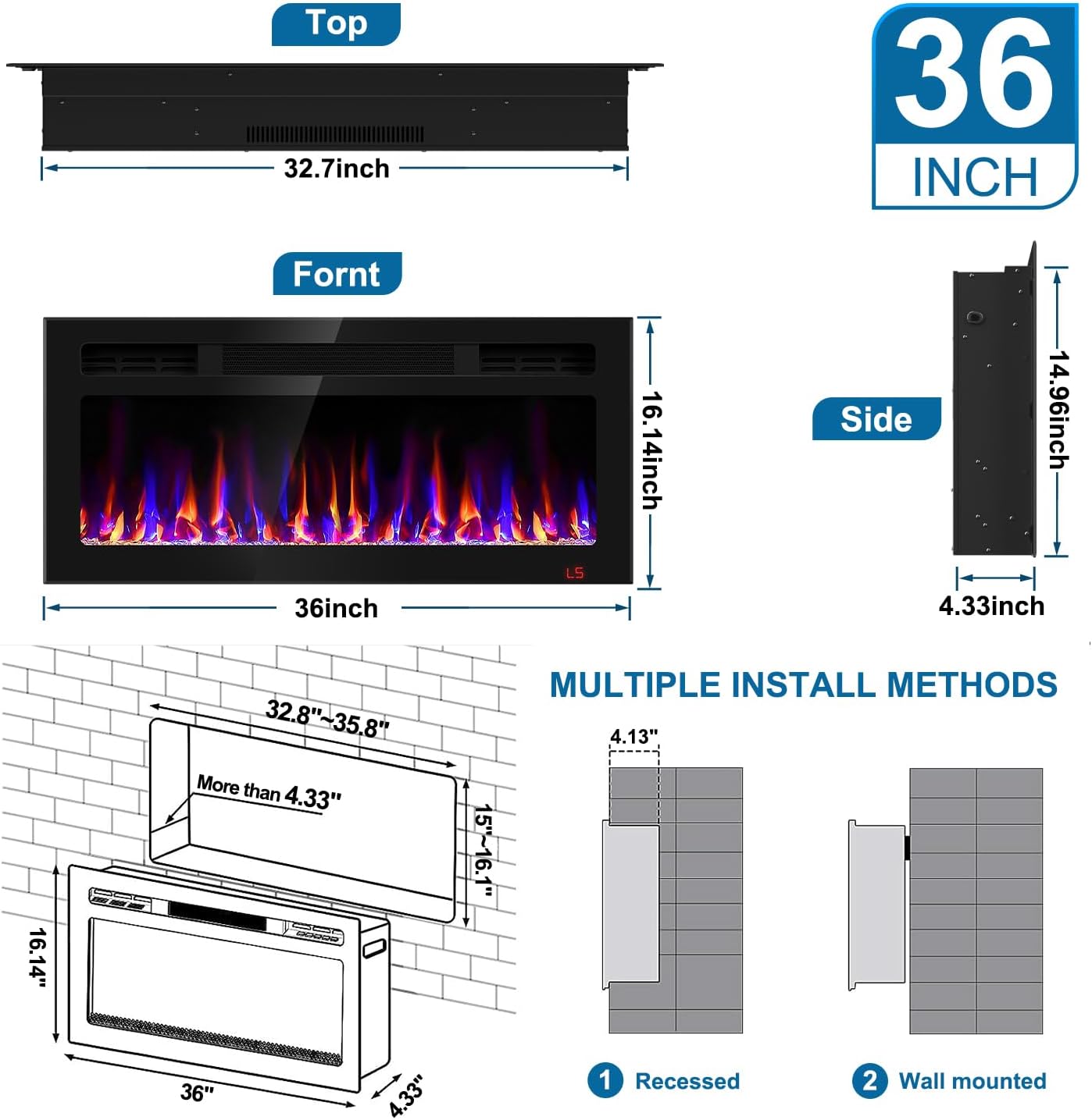 36 Inch Ultra-Thin Electric Fireplace with Timer and Remote