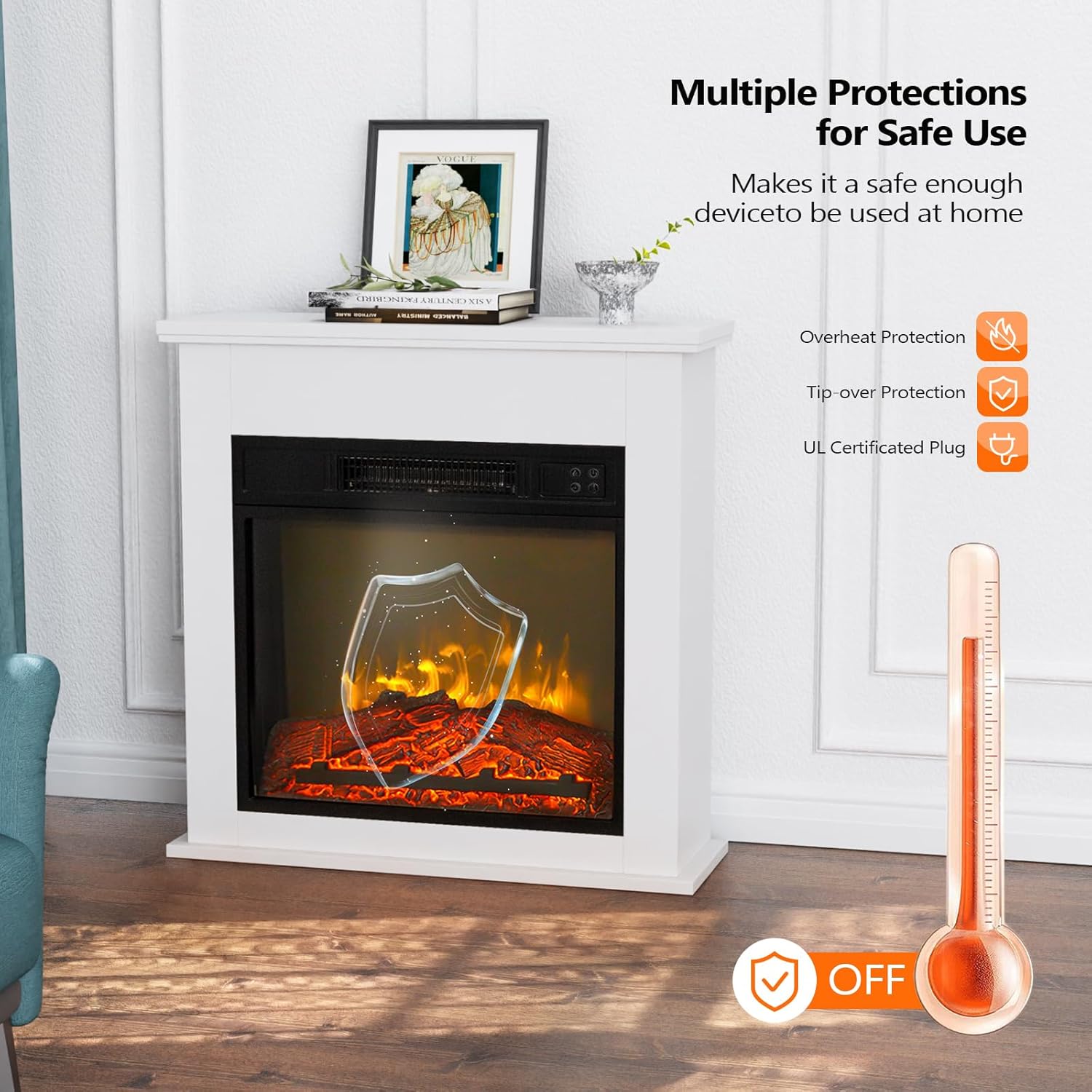 Bonnlo 25W Electric Fireplace with White Wood Mantel and Remote Control