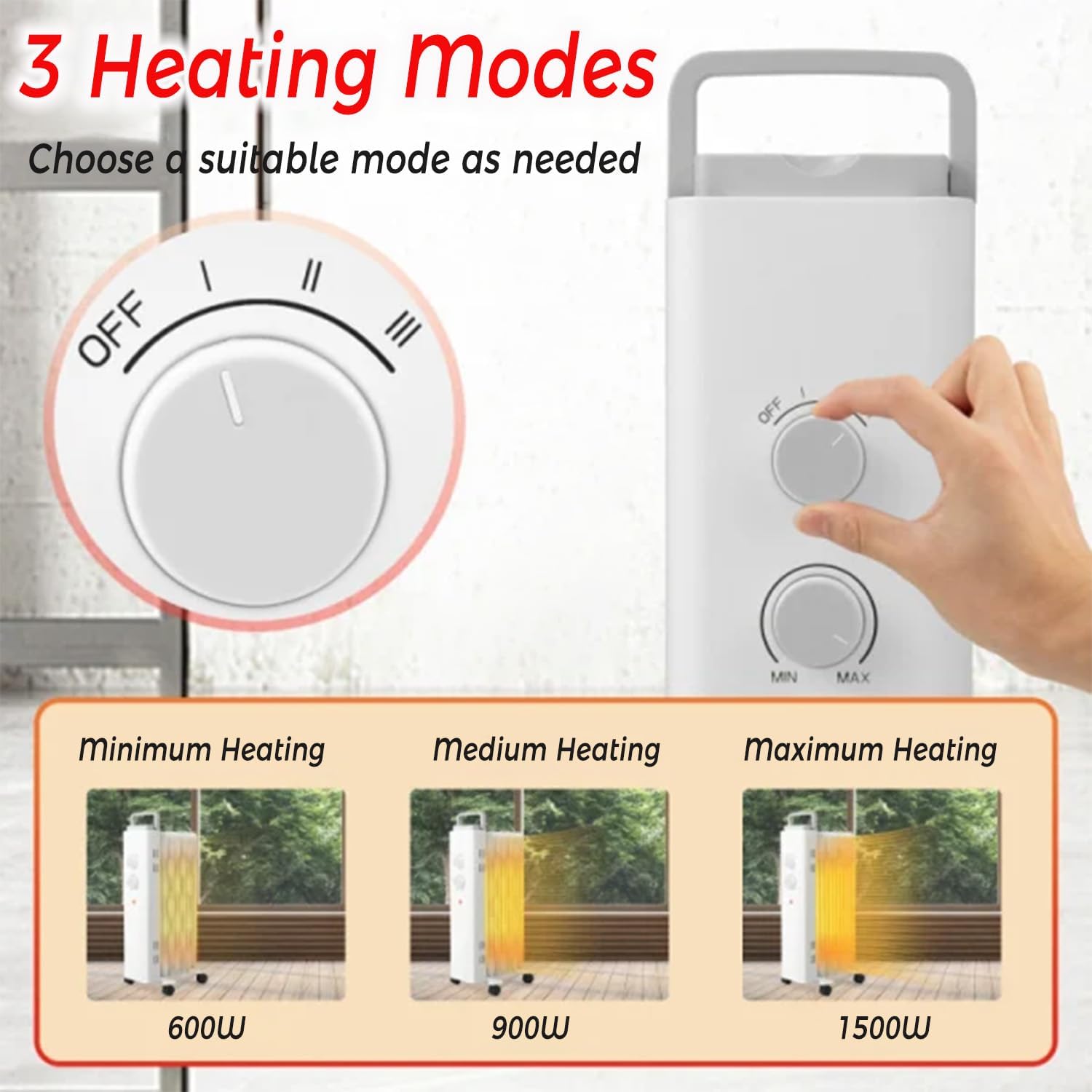 Oil Filled Radiator Heater 1500W with 3 Modes Thermostat and Safety Features