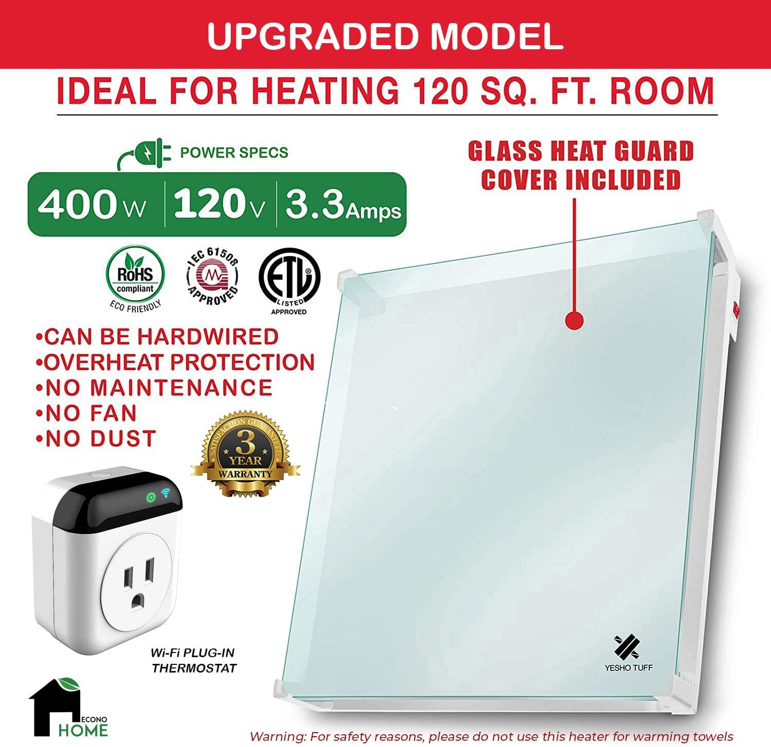 EconoHome Wall Mount Smart Space Heater Panel 400W