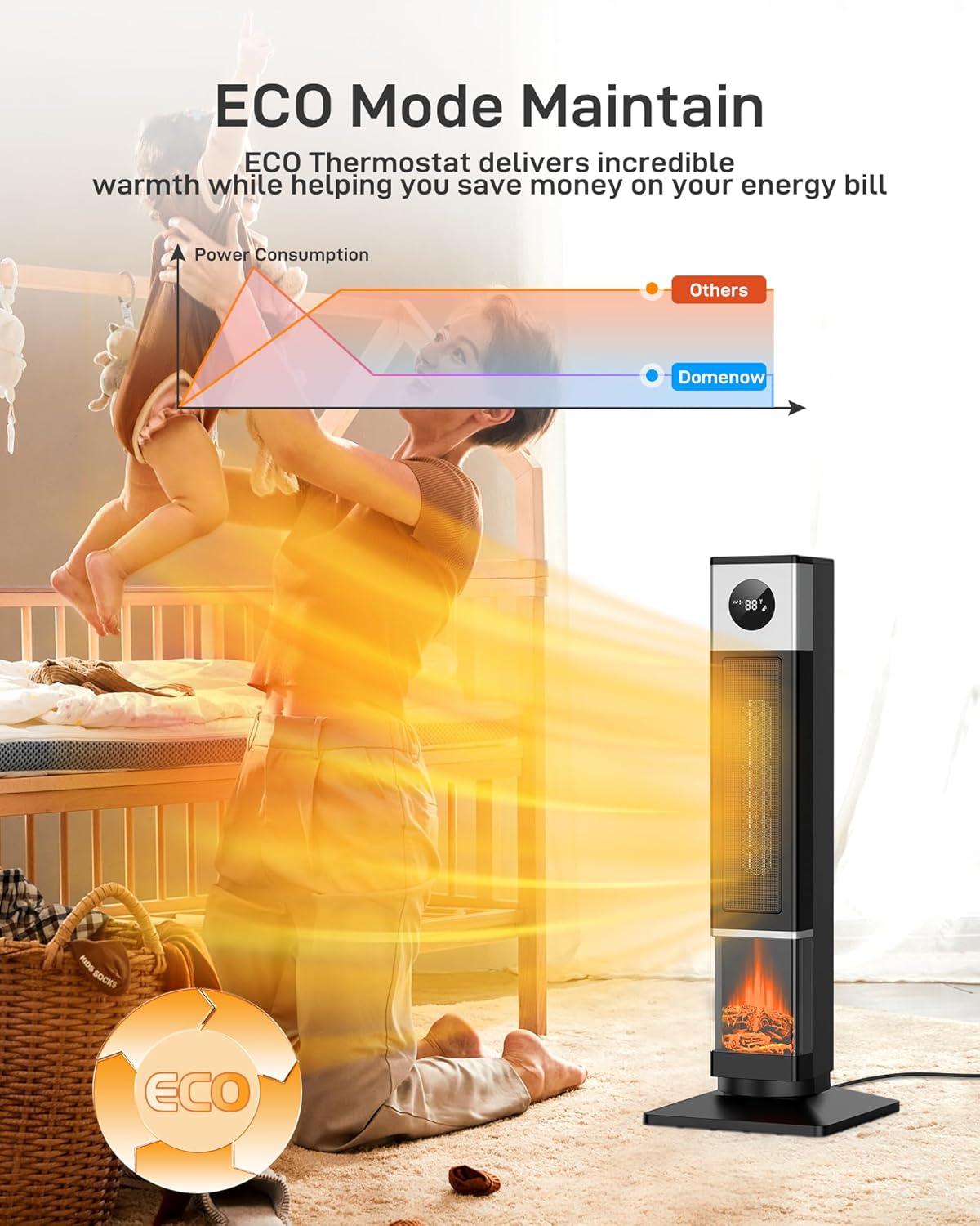 Domenow 33 Ceramic Tower Space Heater with 3D Flame and Timer
