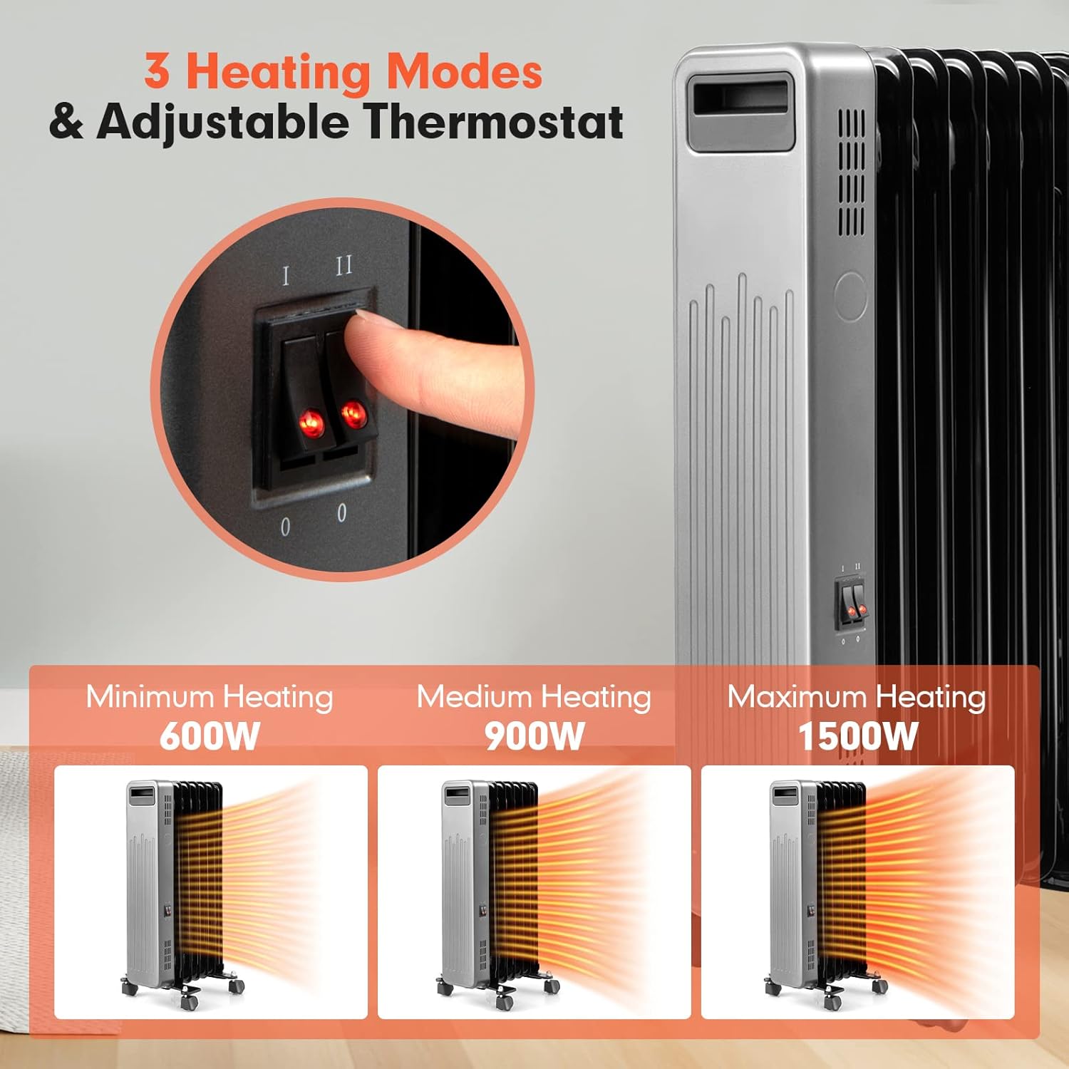 PETSITE Oil Filled Radiator Heater 1500W Black