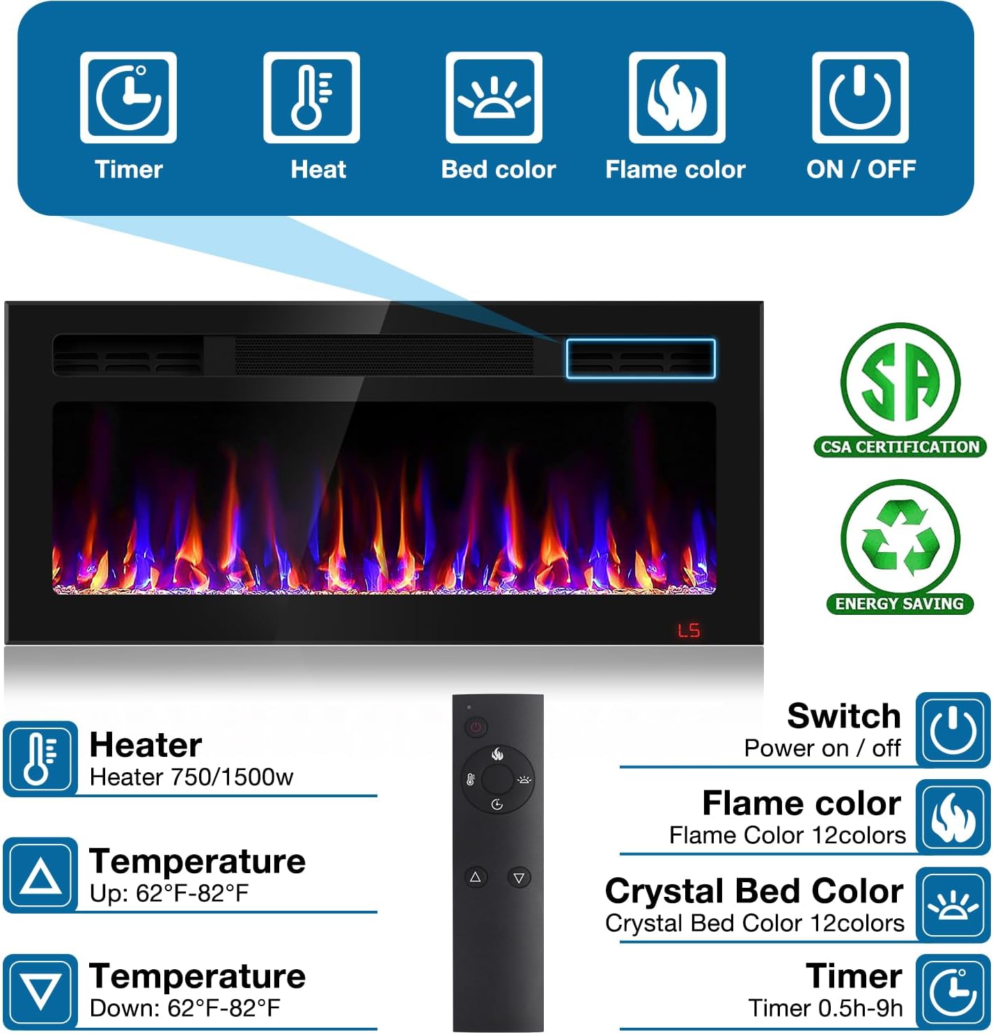 36 Inch Ultra-Thin Electric Fireplace with Timer and Remote