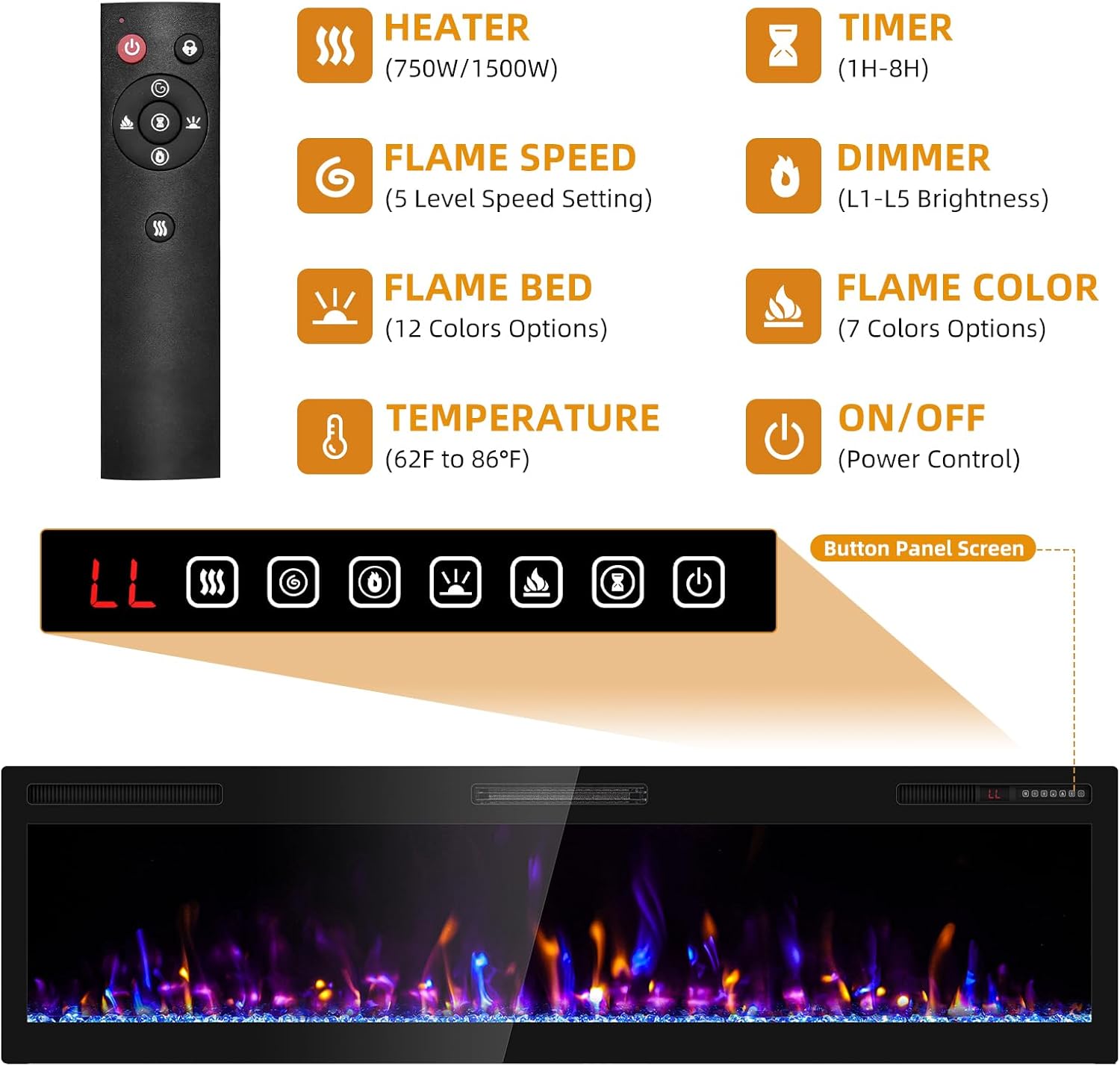 Eueiriup 68 Electric Fireplace with HD Flame and Remote Control