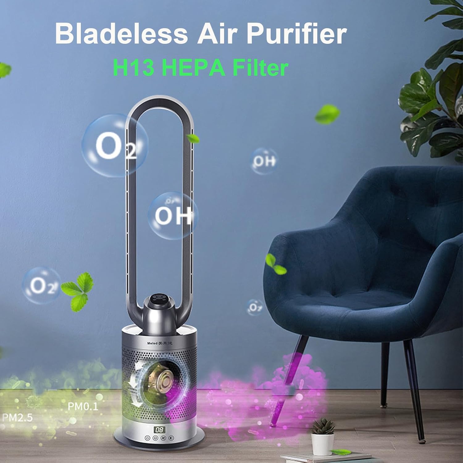 Voagupa Bladeless Heater Fan with Air Purifier 36 Inch Silver Grey 1