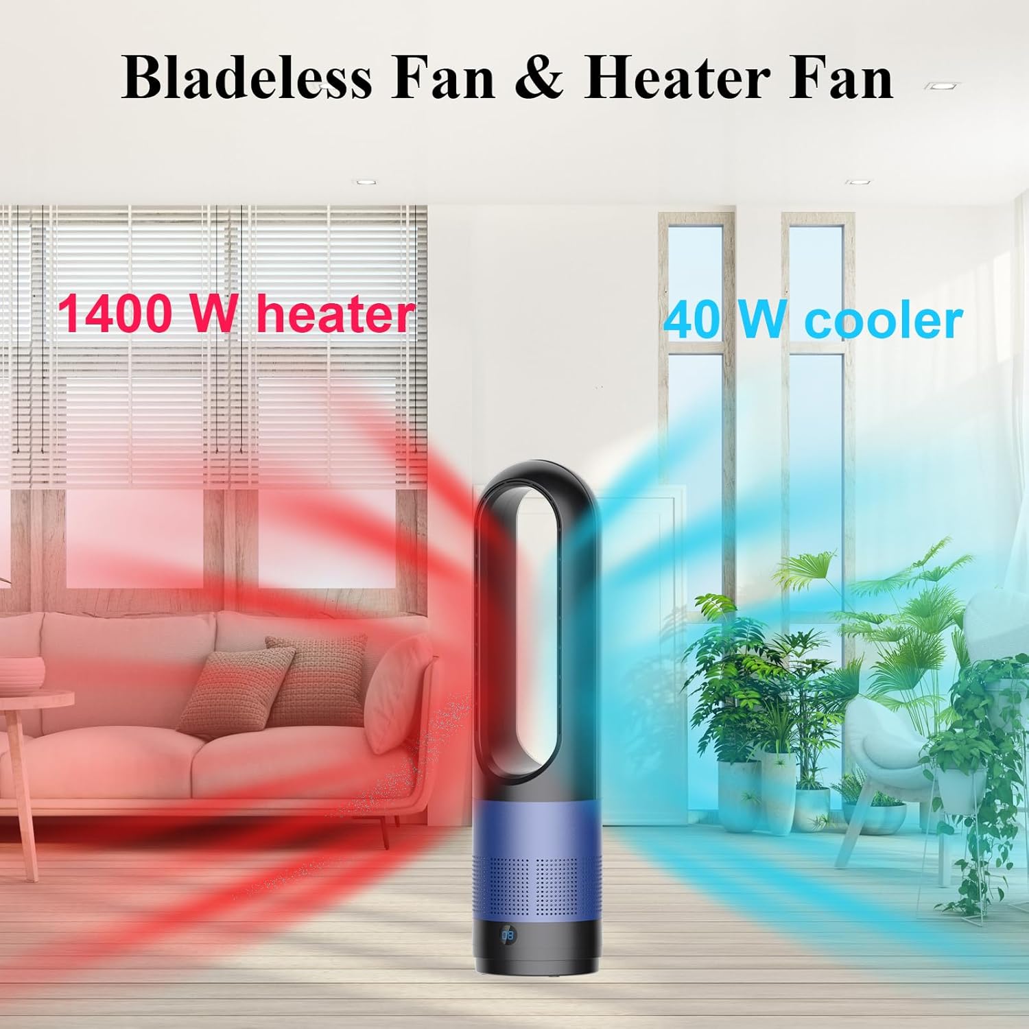 Voagupa Bladeless Heater Fan Combo 1400W 40W Remote Touch Control Blue Black