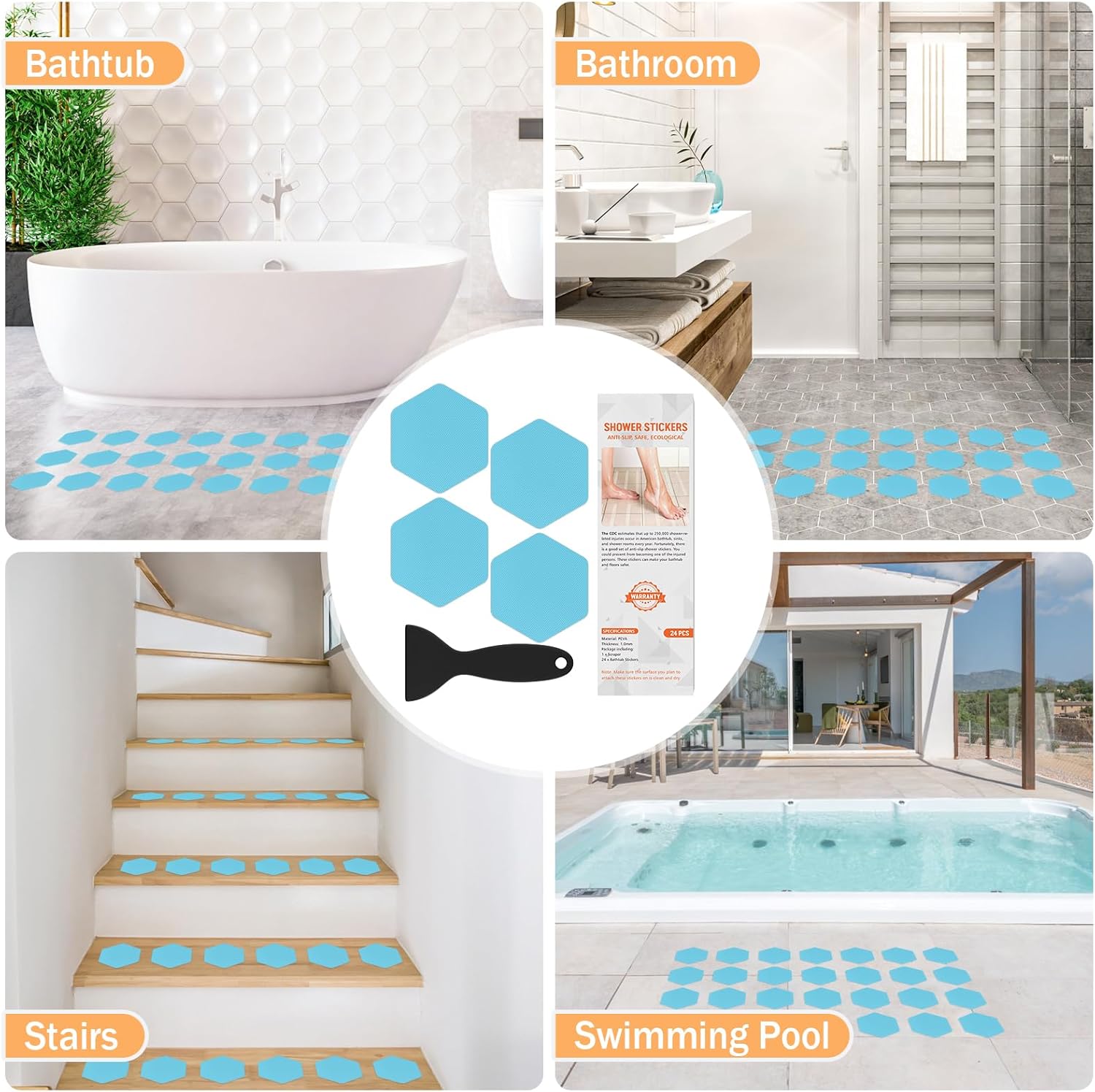 Non Slip Bathtub Stickers with Scraper 24PCS Blue