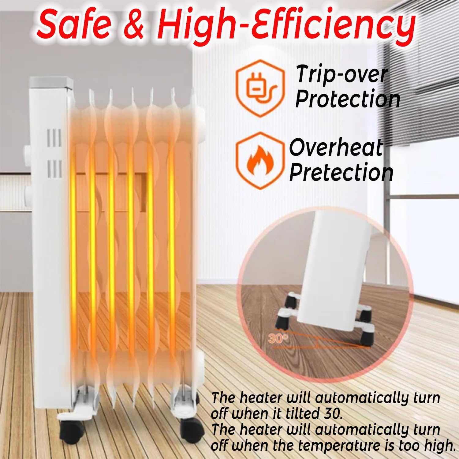 Oil Filled Radiator Heater 1500W with 3 Modes Thermostat and Safety Features
