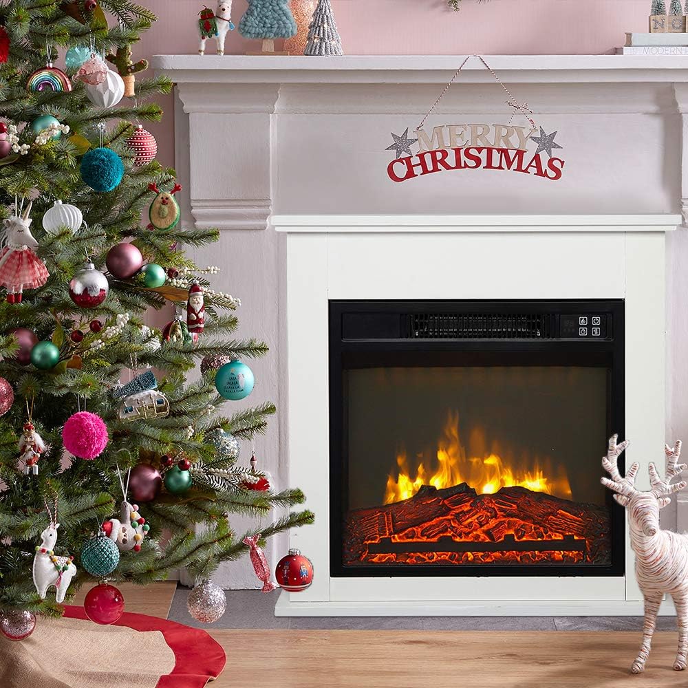 Bonnlo 25W Electric Fireplace with White Wood Mantel and Remote Control