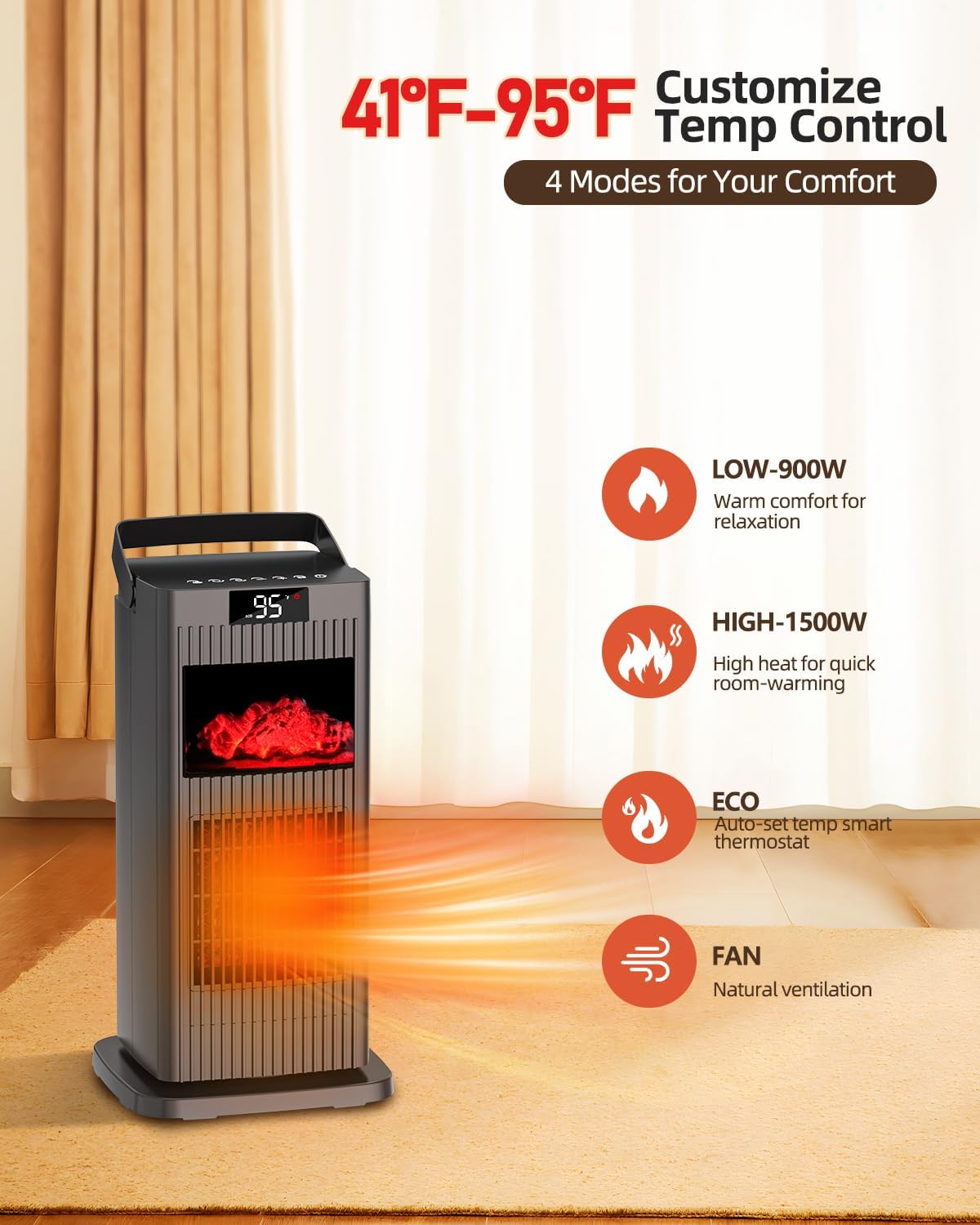 KNKA 1500W Electric Space Heater with 90 Oscillation and Thermostat