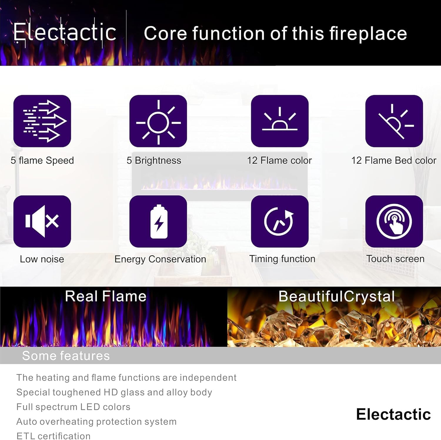 36 Inch Electric Fireplace with Timer and Remote Control