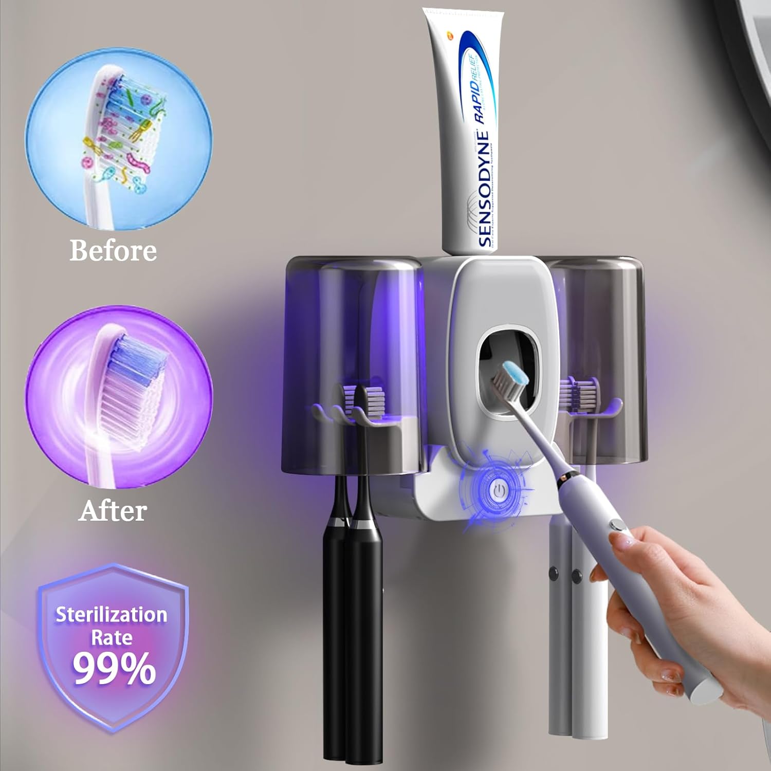 Wekity 4-Slot Electric Toothbrush Holder with Toothpaste Dispenser Grey