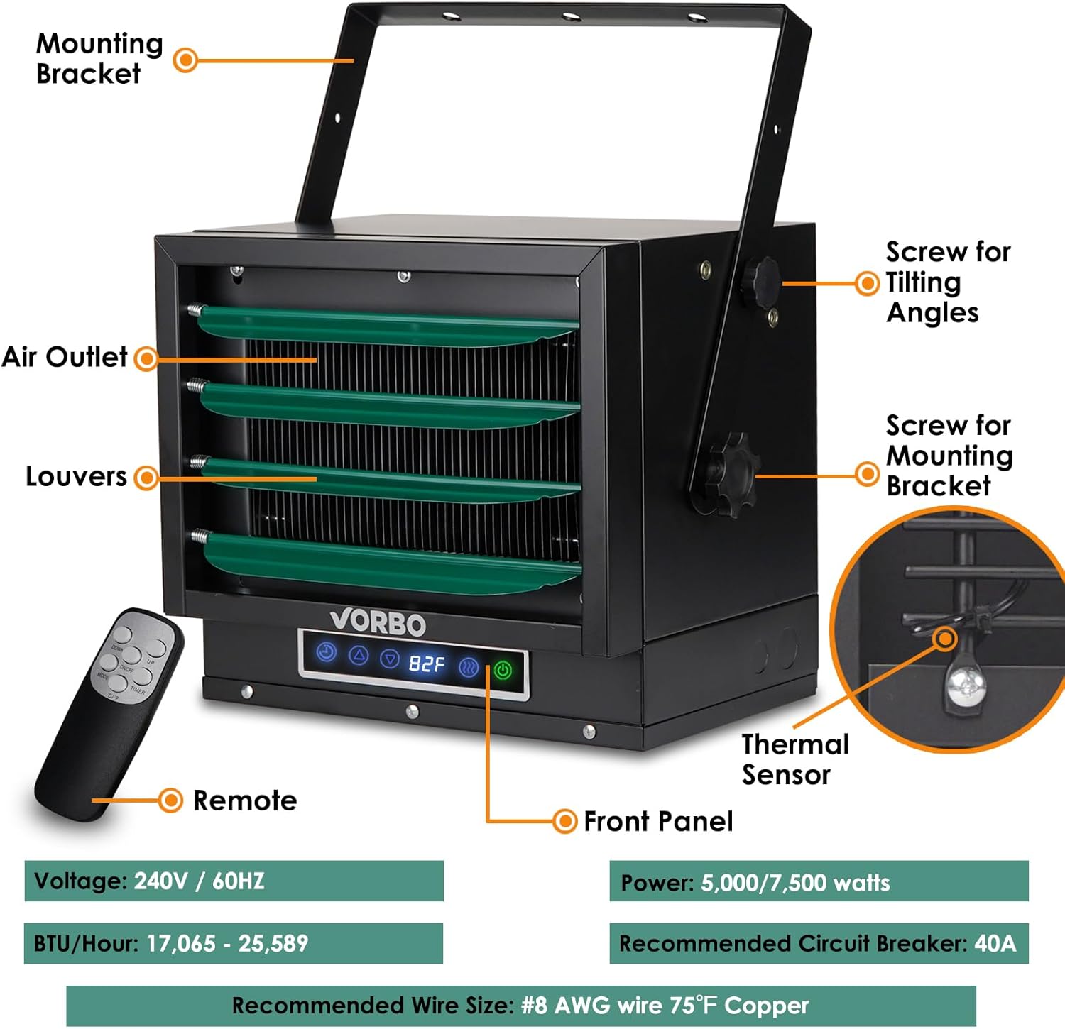 VORBO 7500W Electric Garage Heater with Remote 1