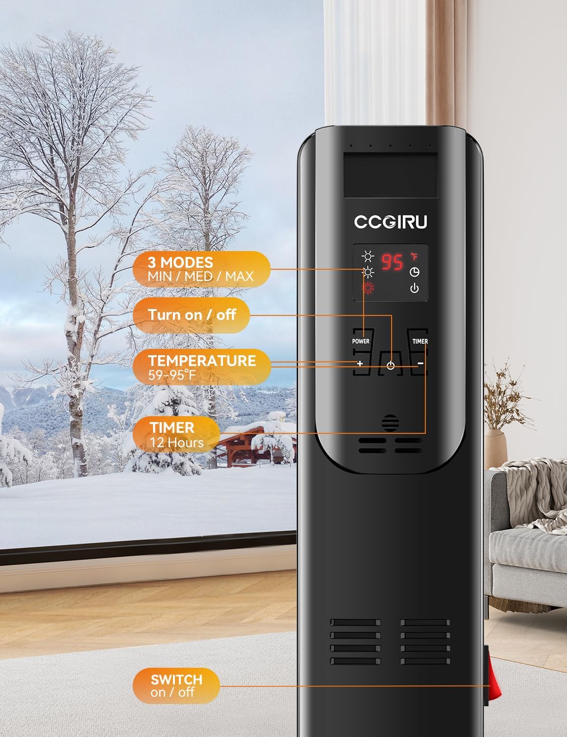 CCGIRU Oil Filled Radiator Heater with Remote Control 1500W