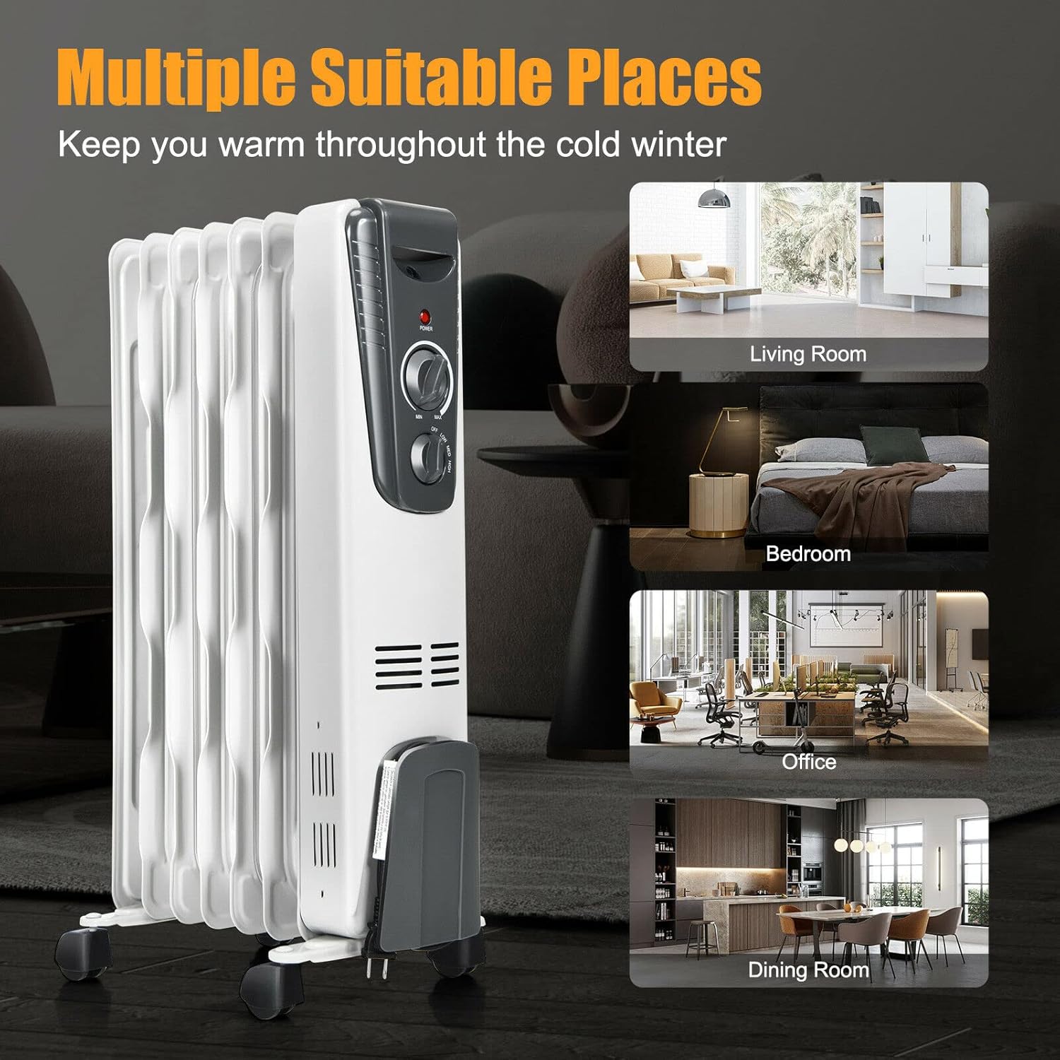 GOFLAME 1500W Electric Oil Filled Radiator Heater with Wheels