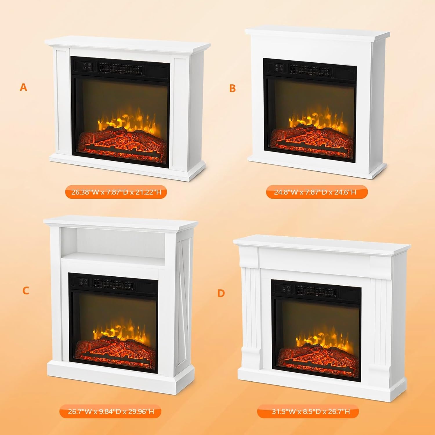 Bonnlo 25W Electric Fireplace with White Wood Mantel and Remote Control