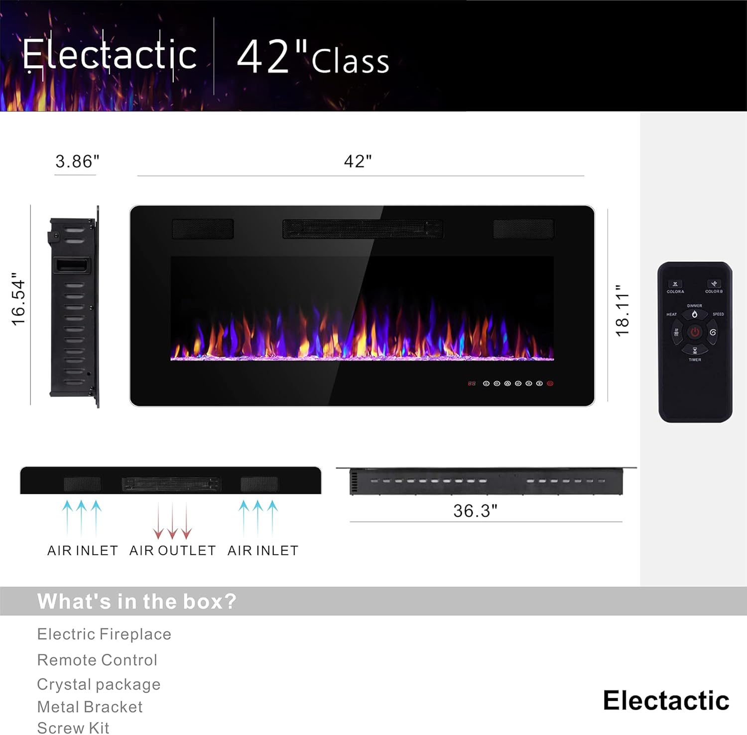 42 Inch Electric Fireplace with Timer and Remote Control