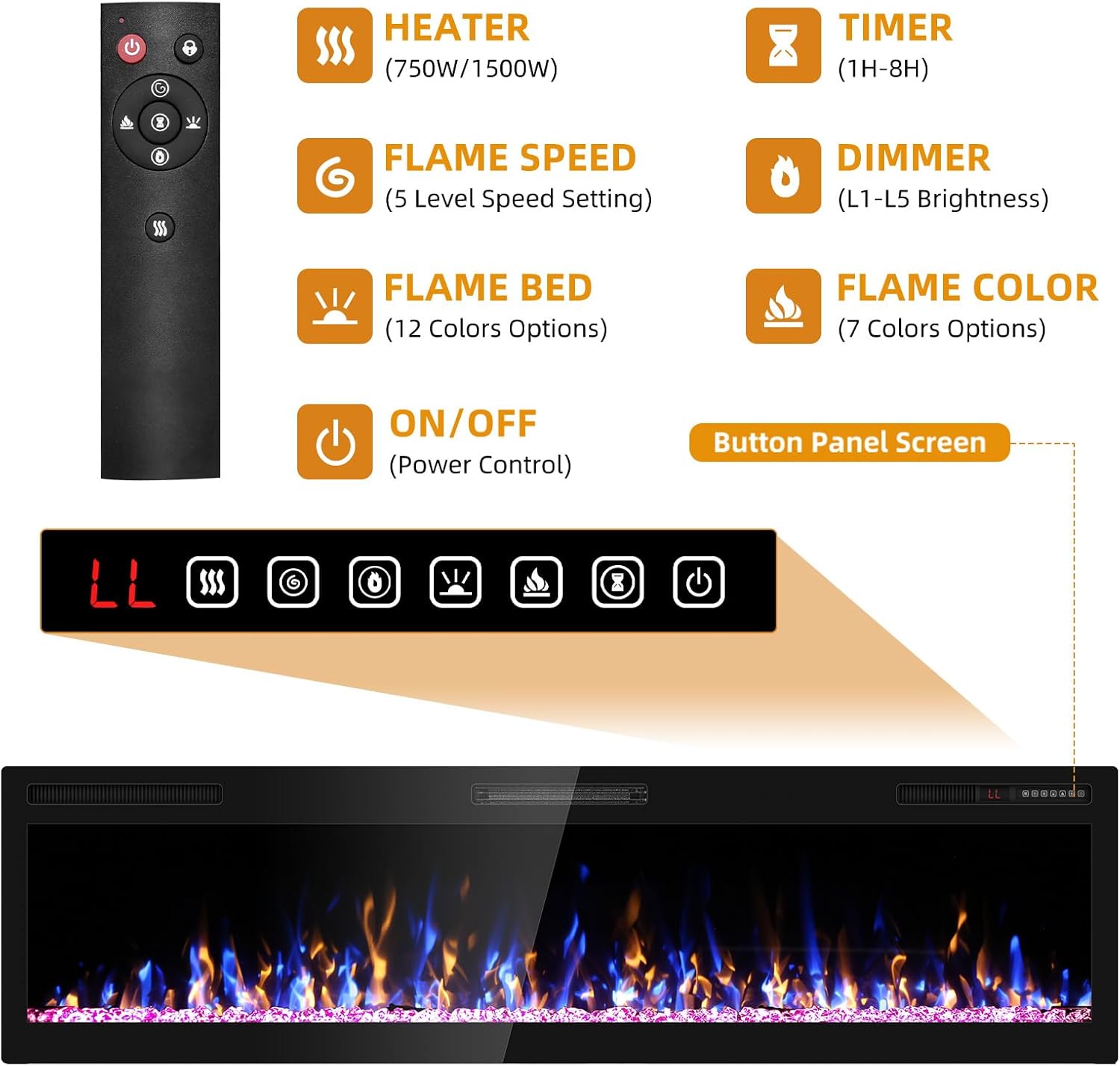 68 Electric Fireplace with HD Flame and Remote Control