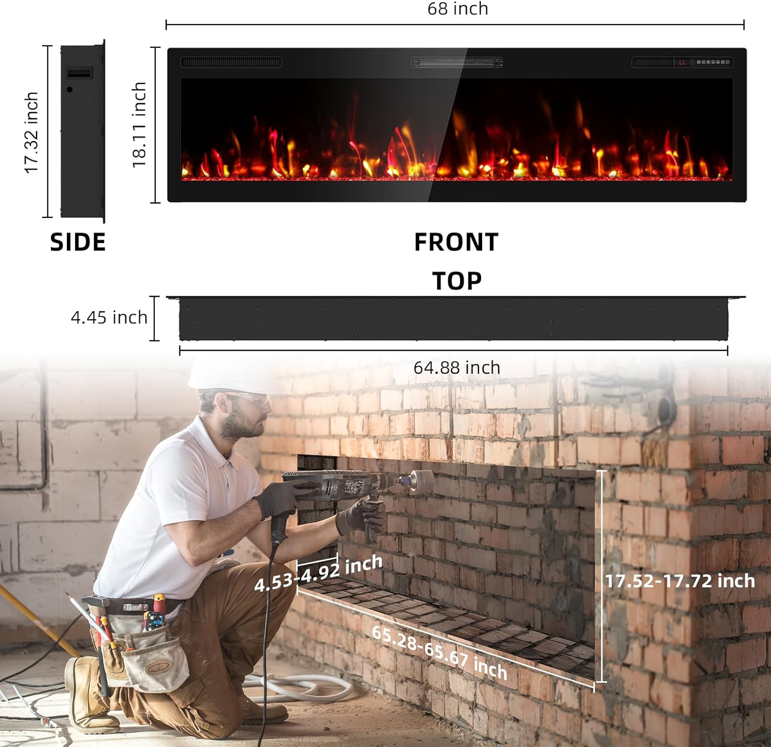 68 Electric Fireplace with HD Flame and Remote Control