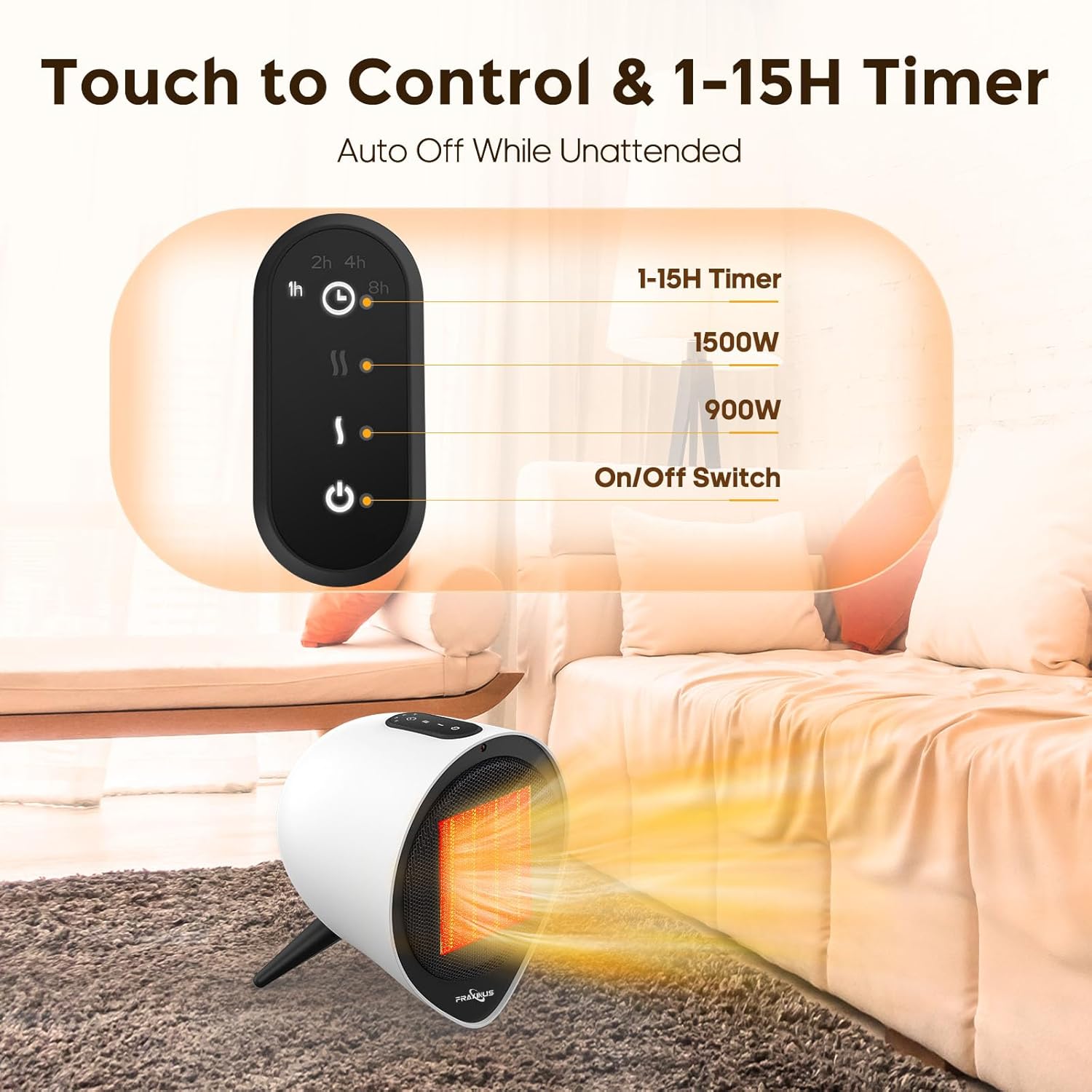Fraxinus 1500W Ceramic Heater with 15H Timer and Safety Features