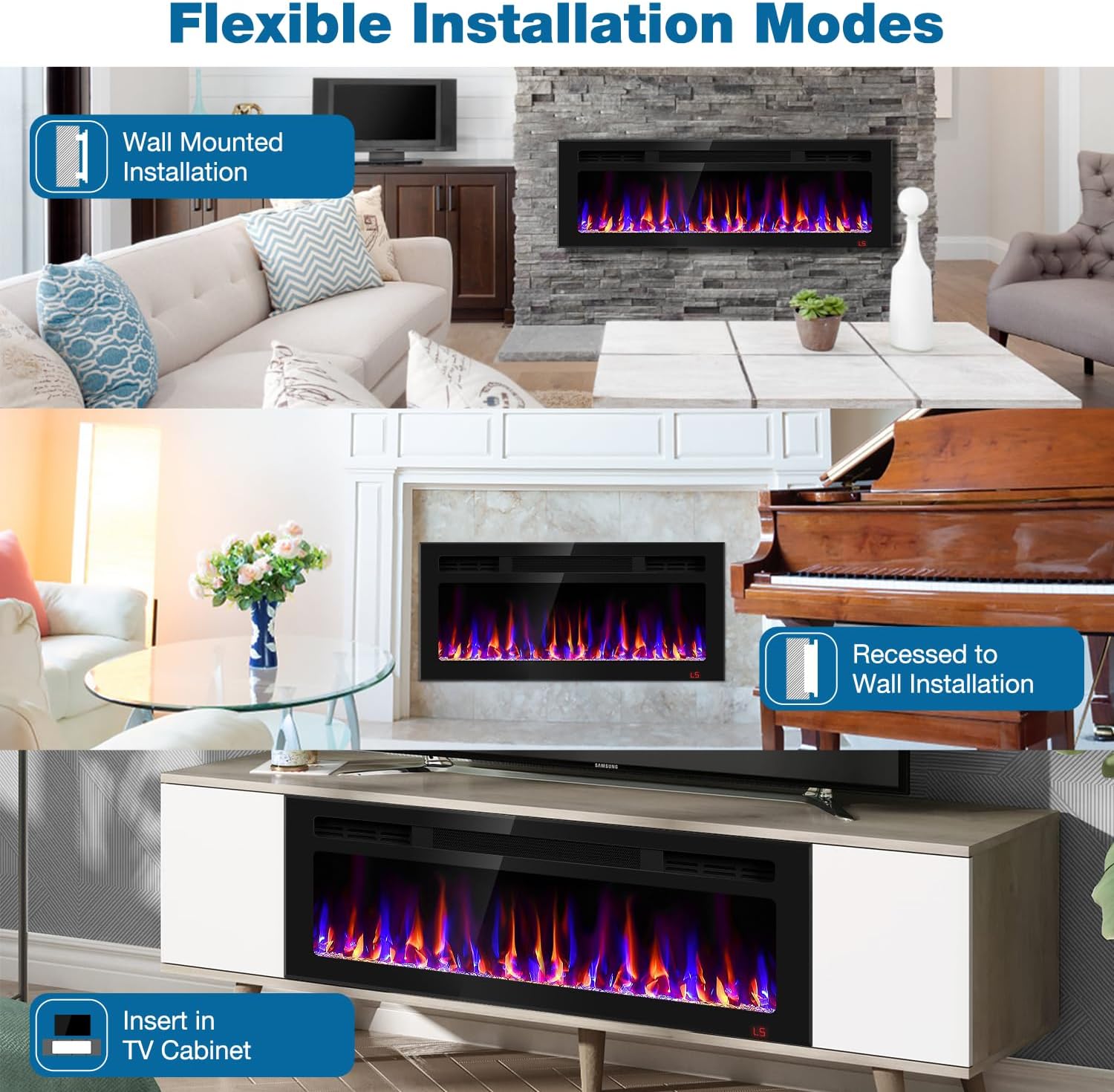 36 Inch Ultra-Thin Electric Fireplace with Timer and Remote