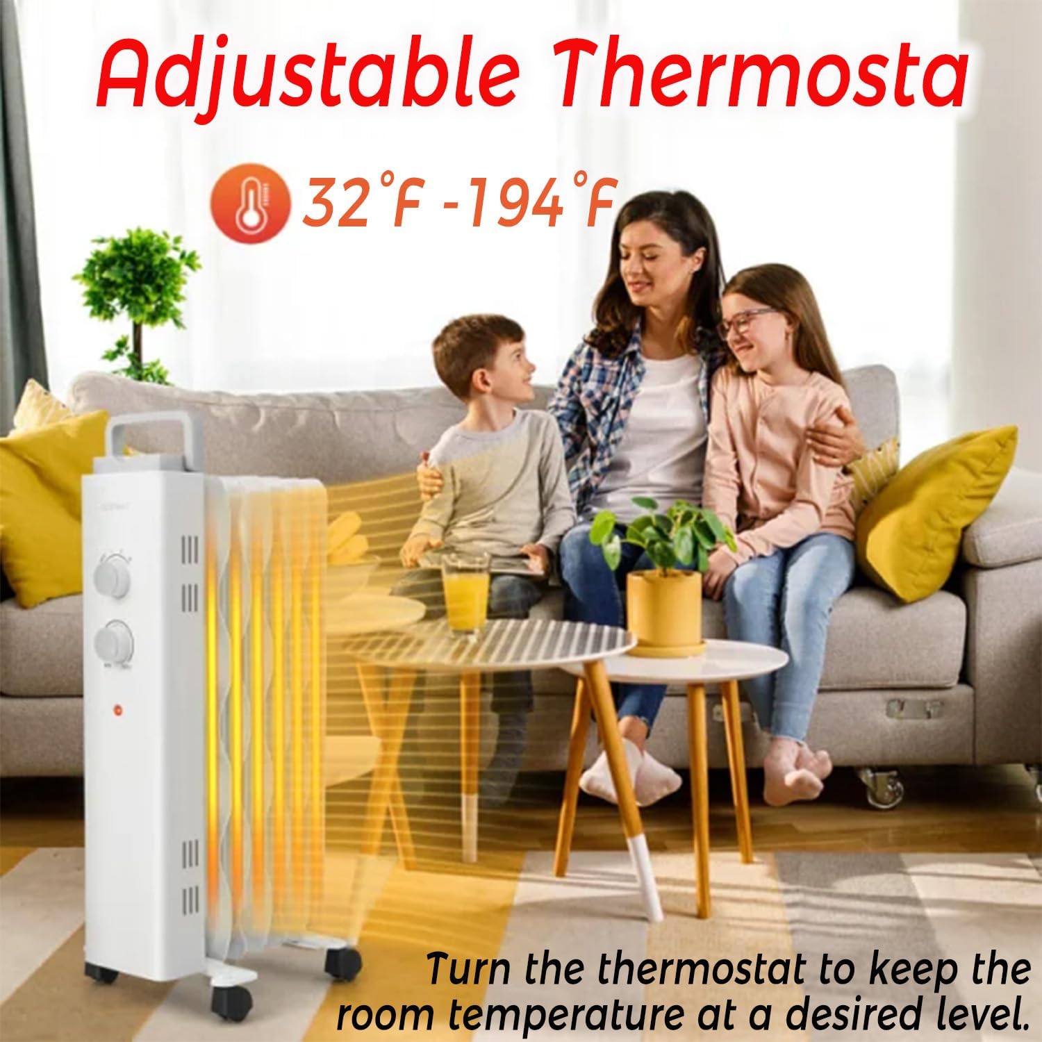 Oil Filled Radiator Heater 1500W with 3 Modes Thermostat and Safety Features
