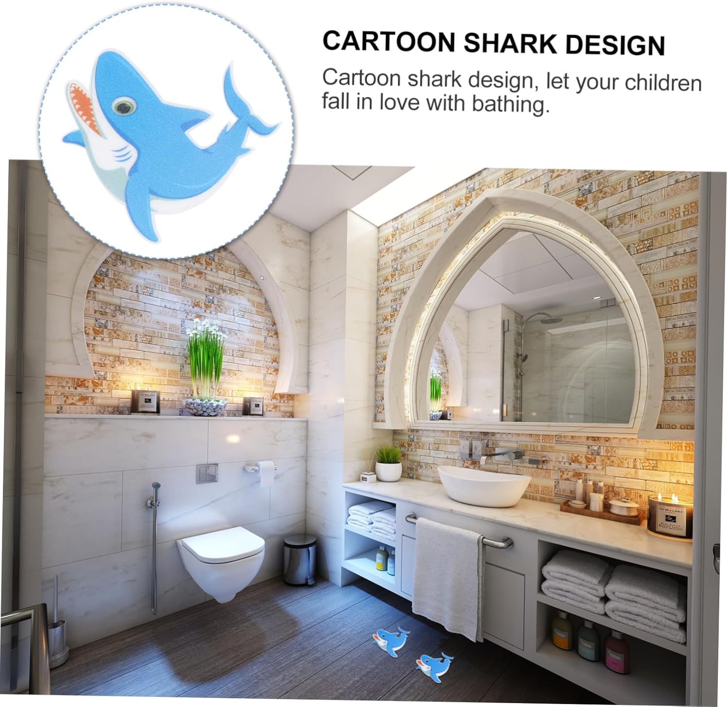 Amosfun 5pcs Non-Slip Bath Stickers Cartoon Shark Design