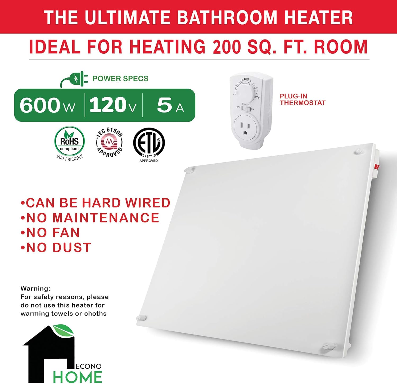 EconoHome Wall Mount Space Heater Panel with Thermostat