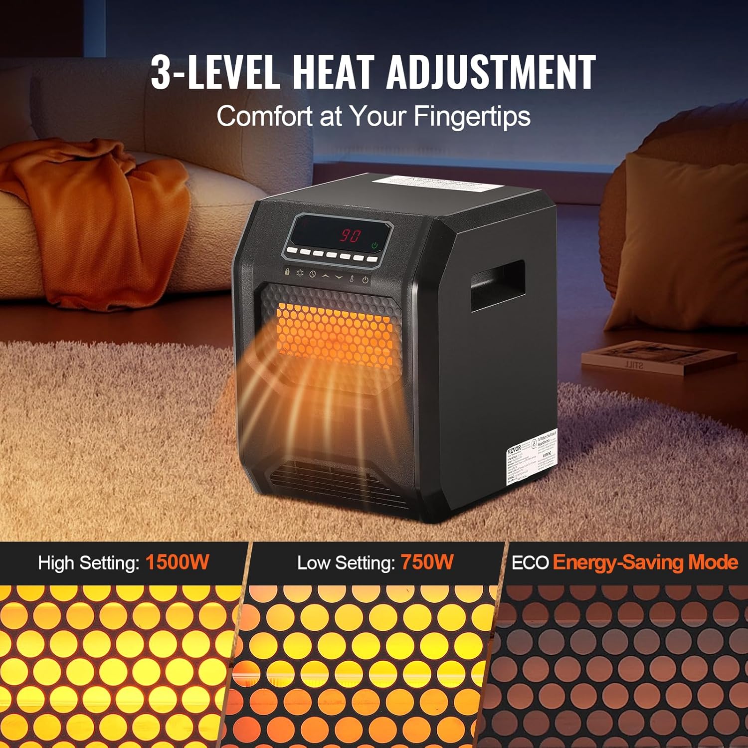 VEVOR Infrared Heater 1500W Remote Control with 3 Speeds and Timer