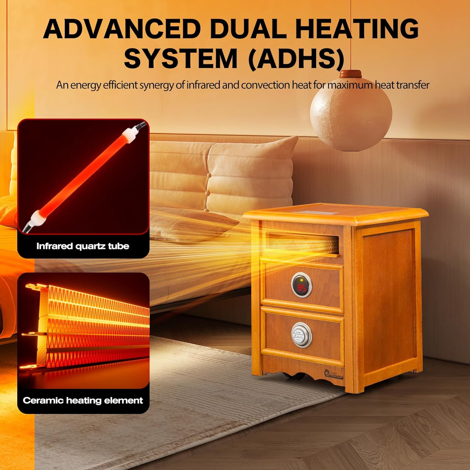 Dr Infrared Heater DR999 1500W Dual Heat Nightstand Cherry