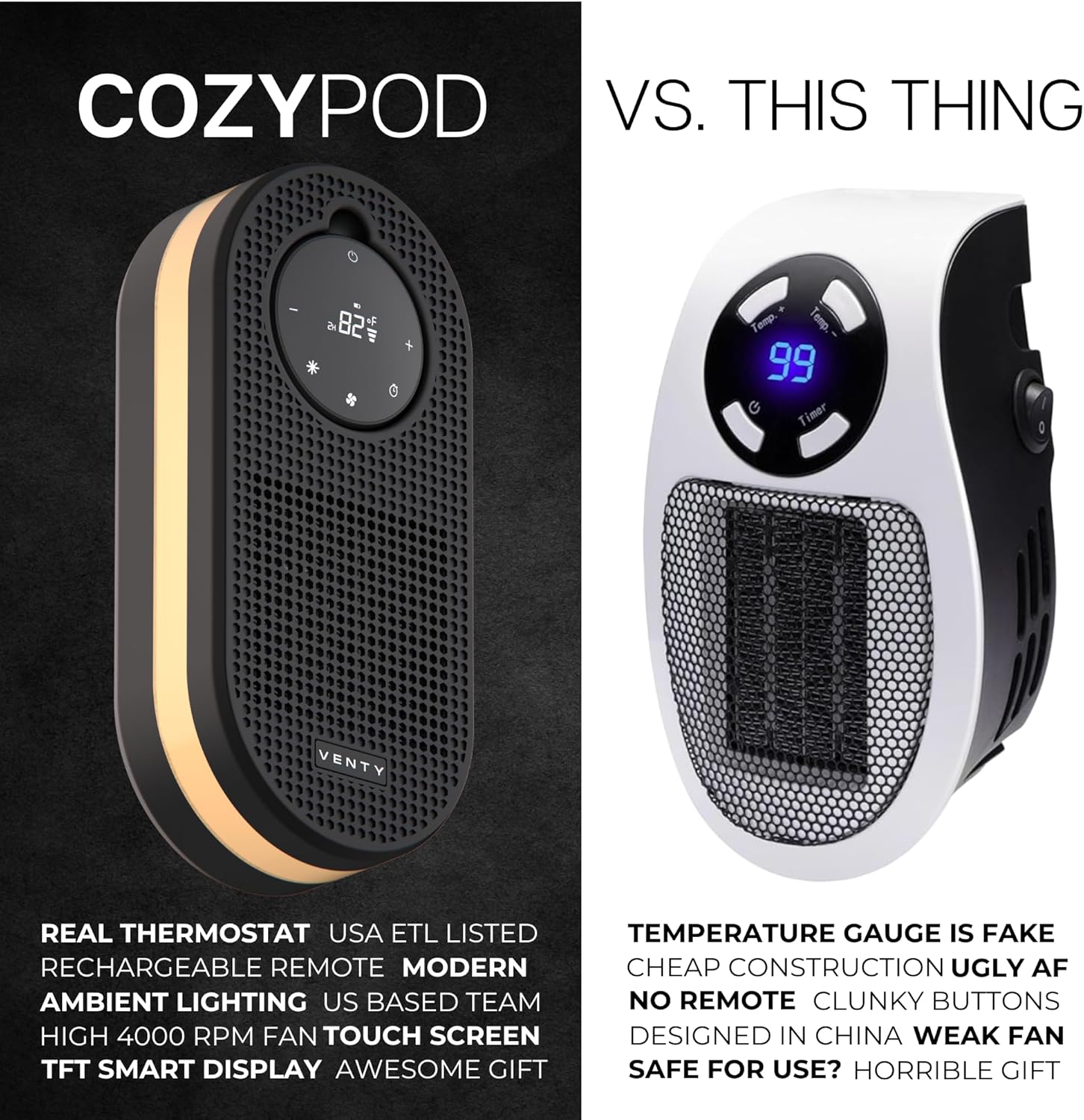 VENTY CozyPod 500W Portable Space Heater with Remote and LED