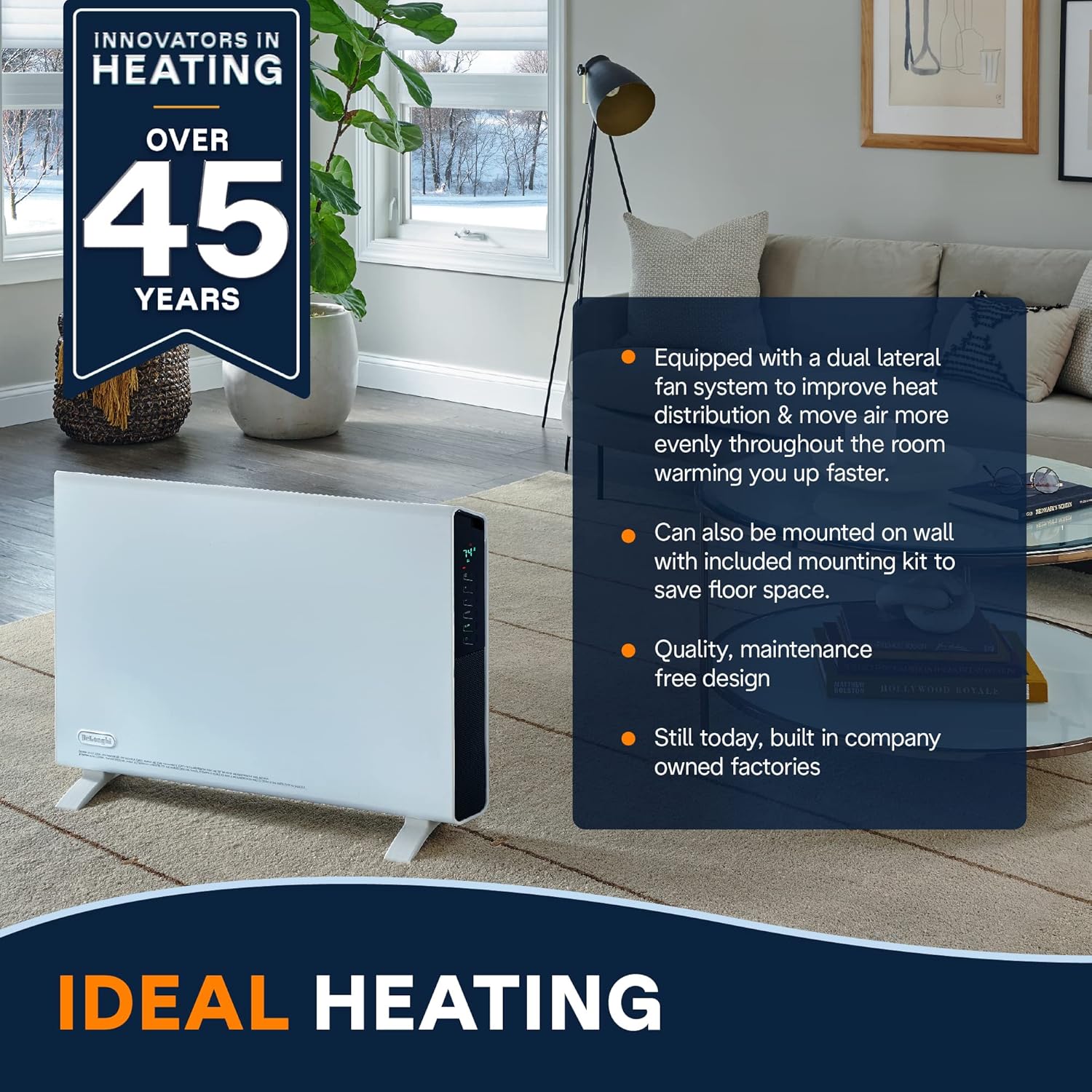 DeLonghi 1500W Convection Panel Heater with Timer Wall Mount