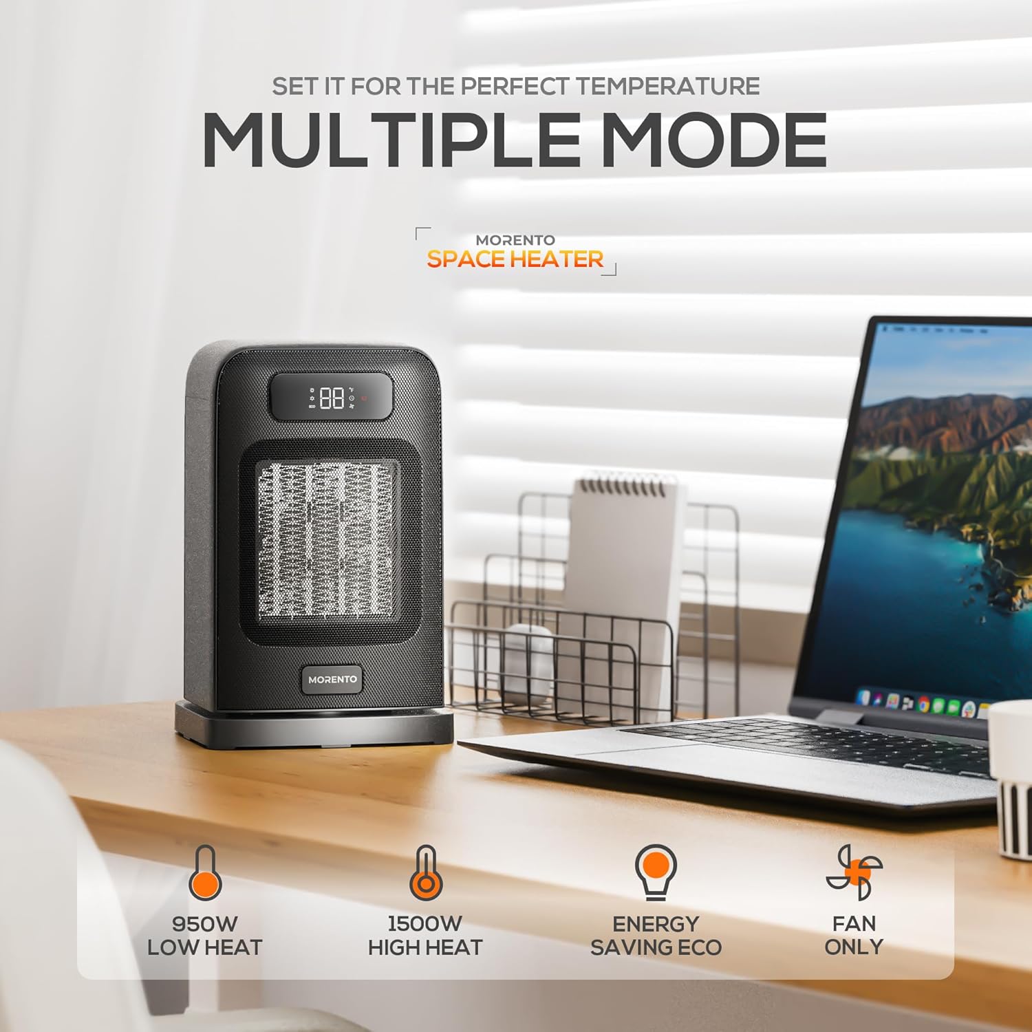MORENTO 1500W Electric Desk Heater with Fan Mode Thermostat and Grey Finish